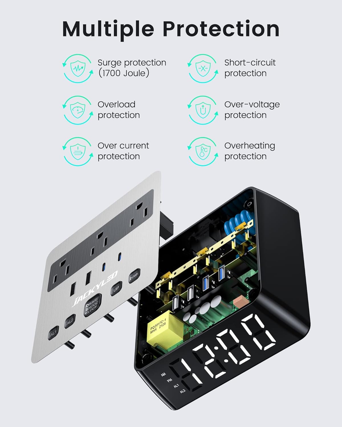 JACKYLED Alarm Clock with 48A USB Ports and Surge Protection