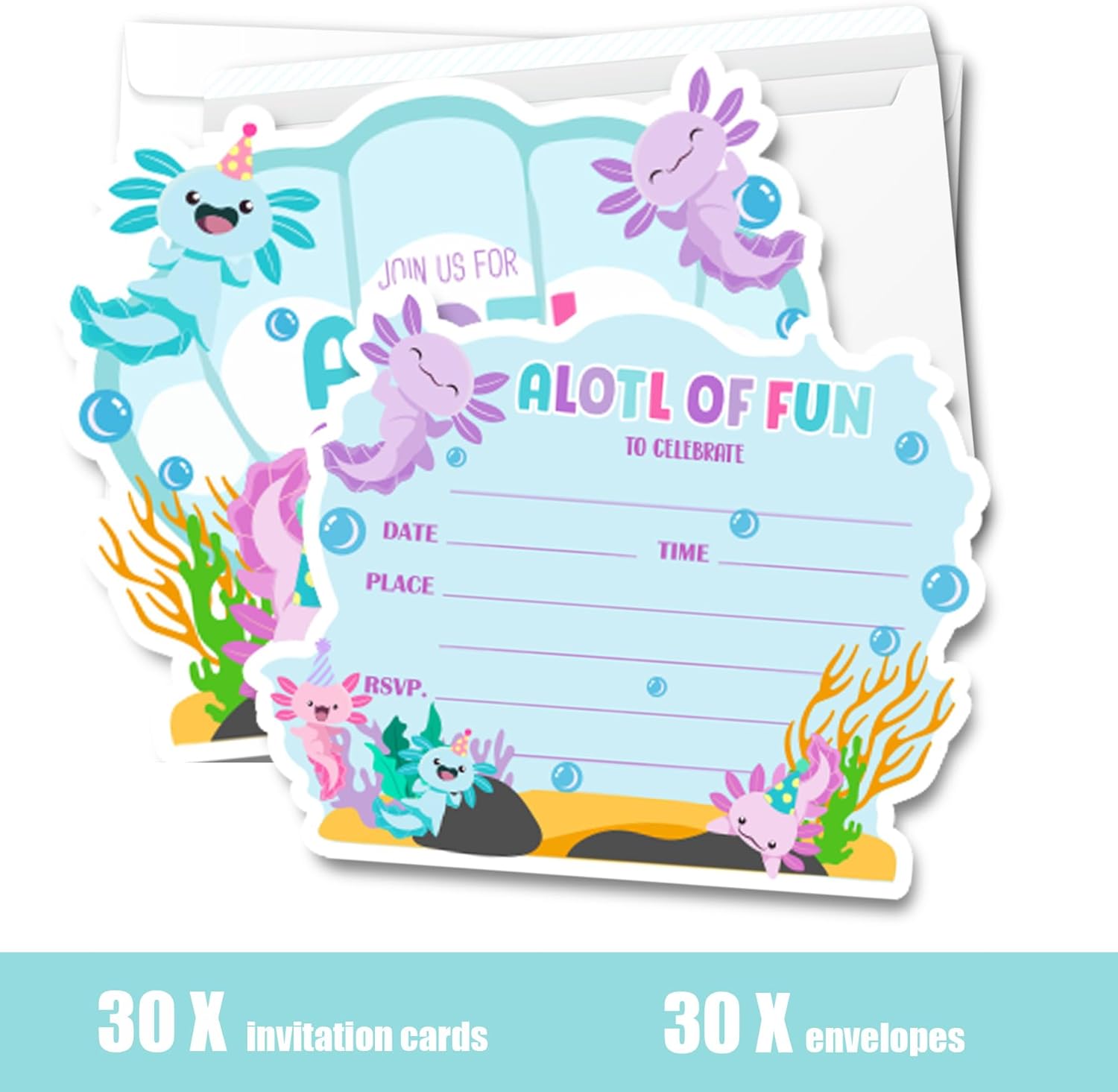 Axolotl Birthday Invitations with Envelopes 30Pcs