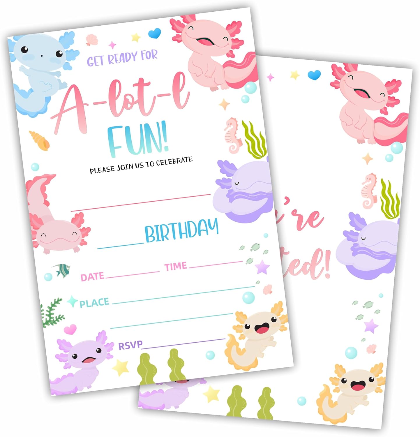 Axolotl Birthday Invites With Envelopes - 20 Sets