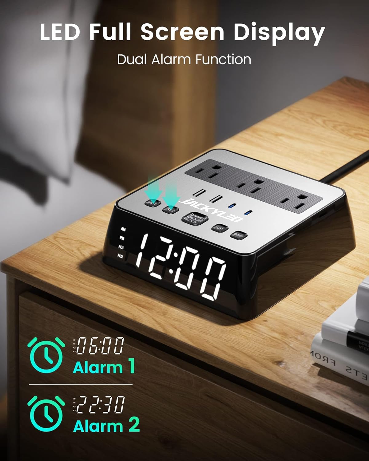 JACKYLED Alarm Clock with 48A USB Ports and Surge Protection