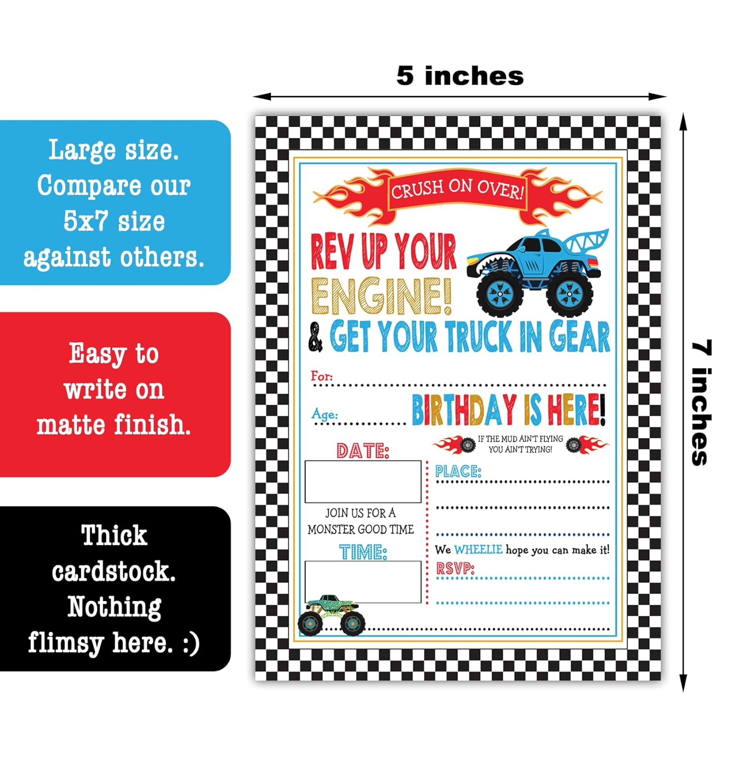 Monster Truck Birthday Invitations Set of 15 with Envelopes