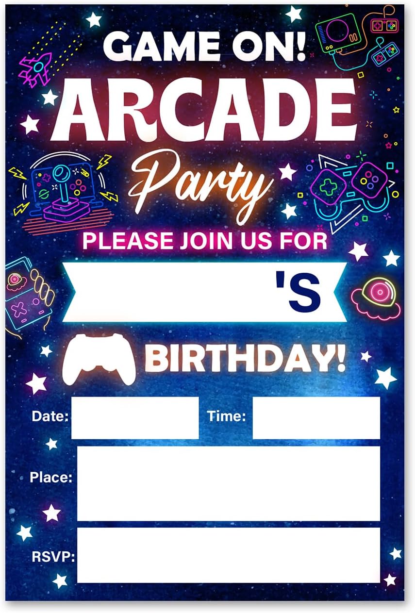 VAHATAN Arcade Party Birthday Invitations 20 Pack with Envelopes