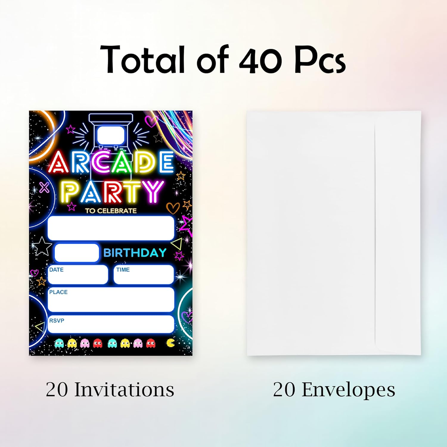 Neon Arcade Birthday Invites - 20pcs with Envelopes