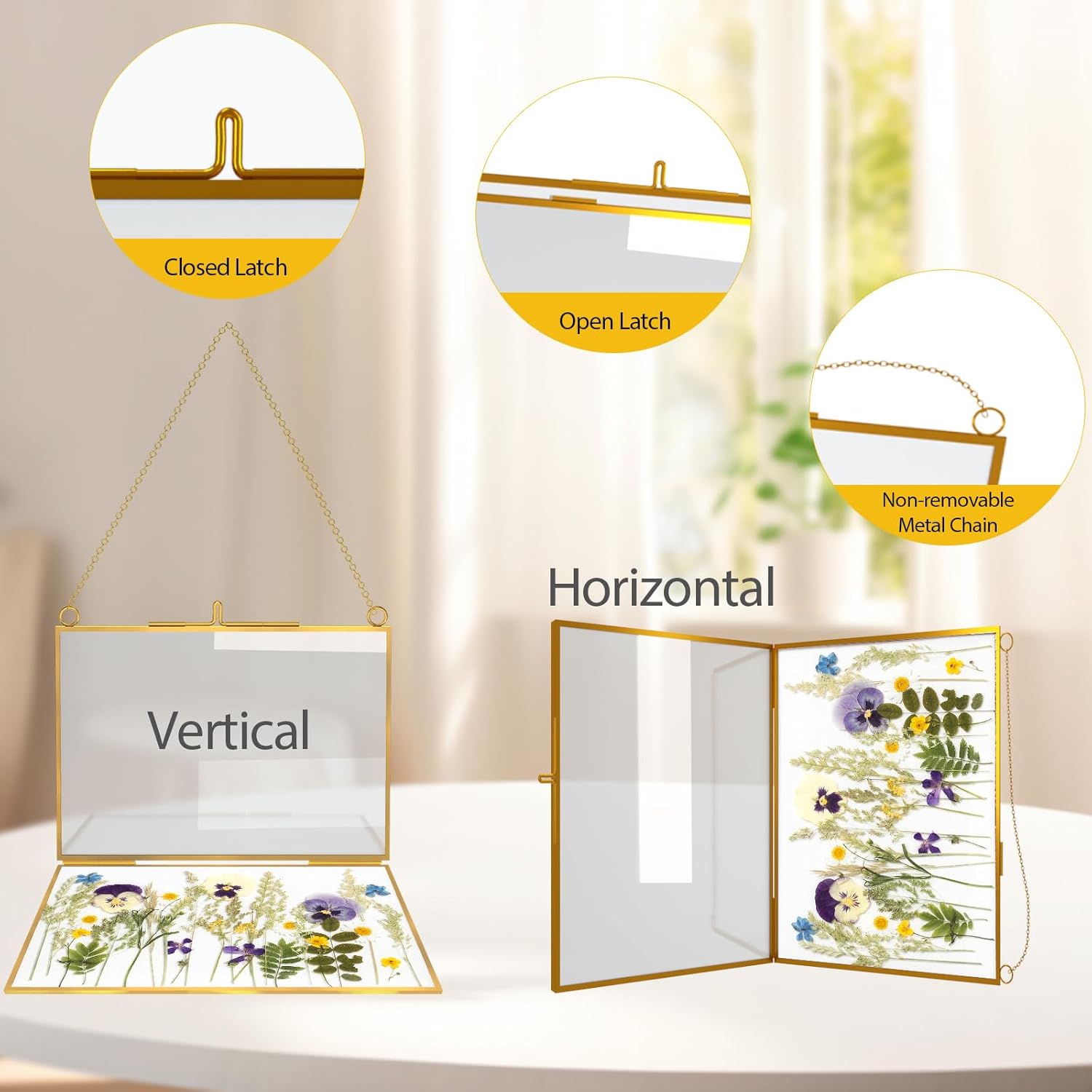4 Pcs Gold Hanging Glass Picture Frame for DIY Pressed Flower Display
