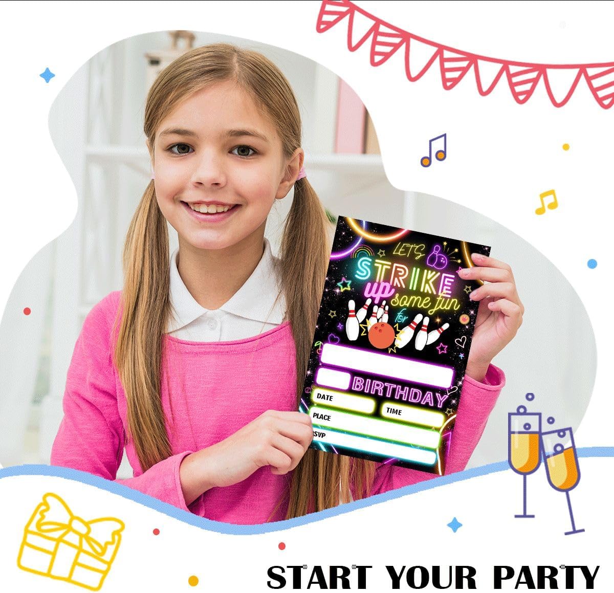 Strike Bowling Neon Birthday Party Invitation with Envelopes 4x6 Inch