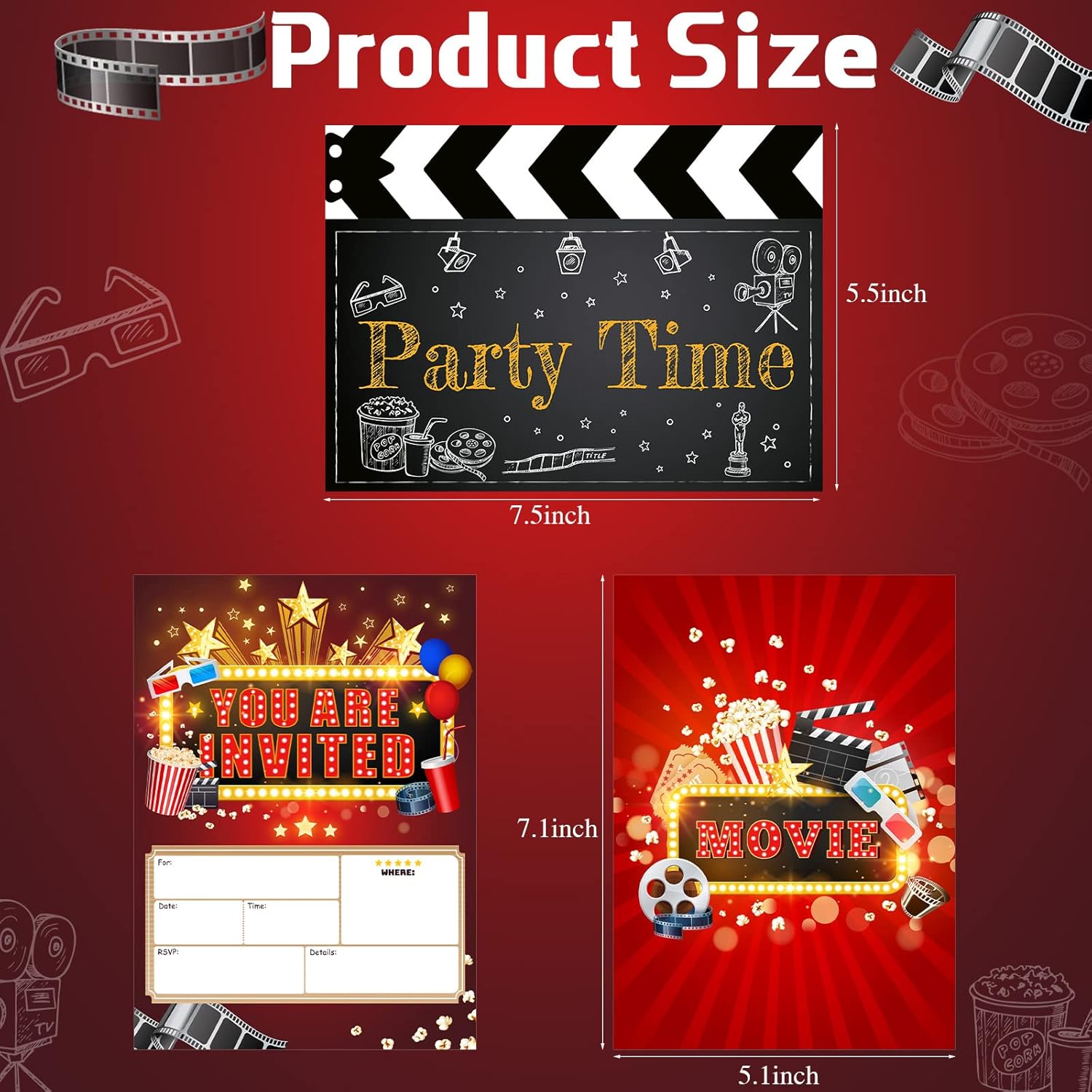 Clabby 25 Movie Party Invitations with Envelopes