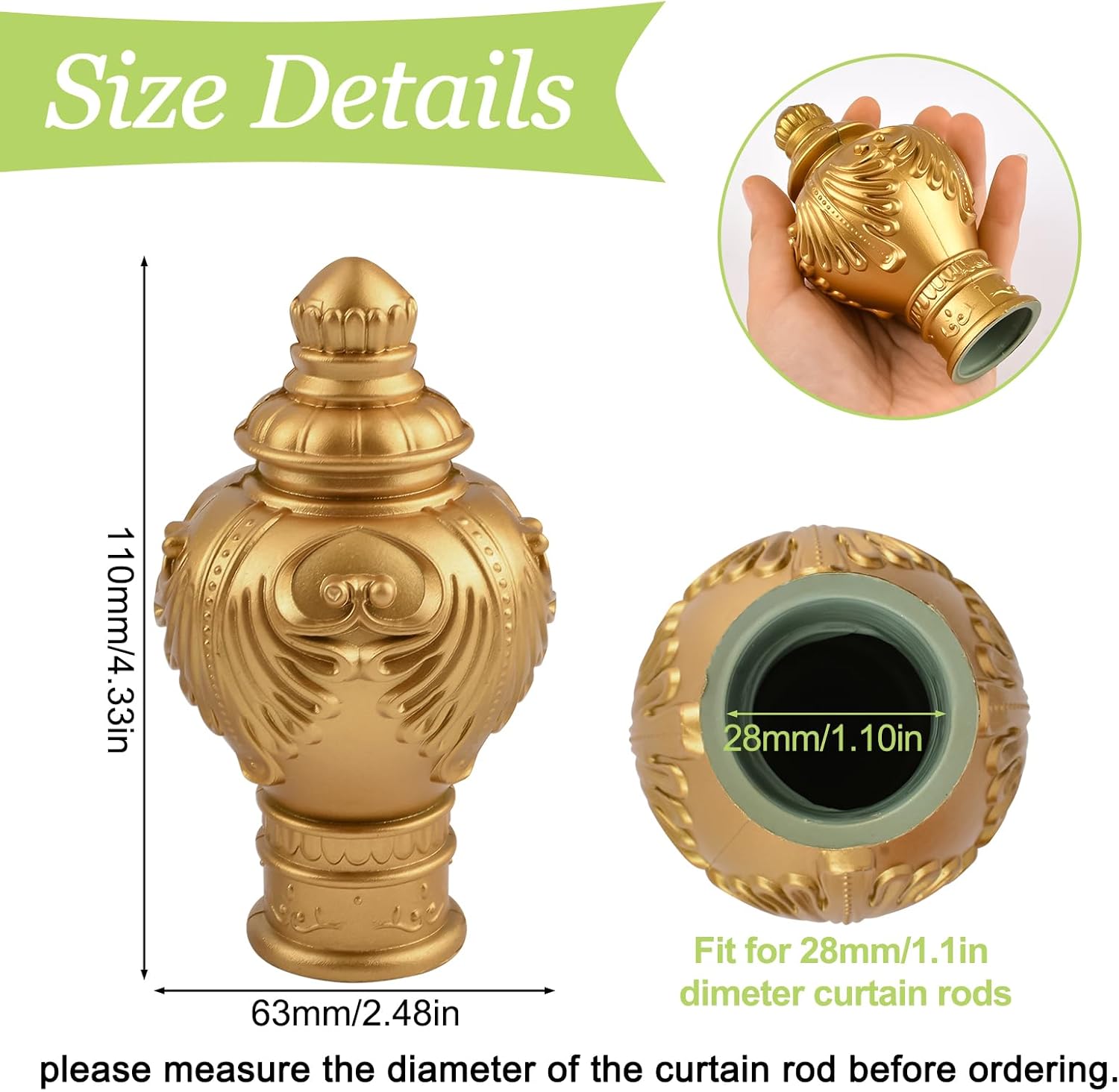 6Pcs Gold Plastic Curtain Finials for 28mm Rods