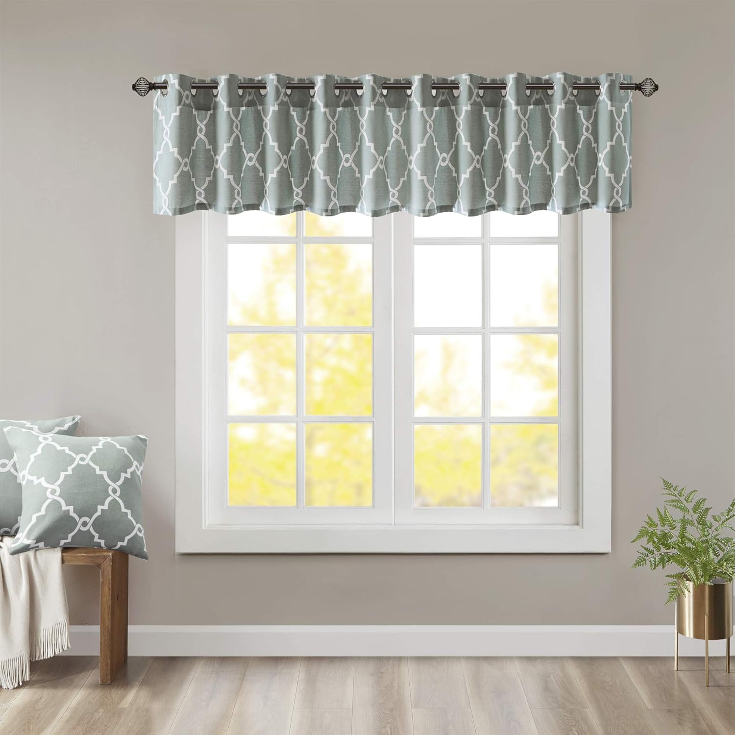 Madison Park Saratoga Fretwork Print Valance Swags 50x18 Seafoam White