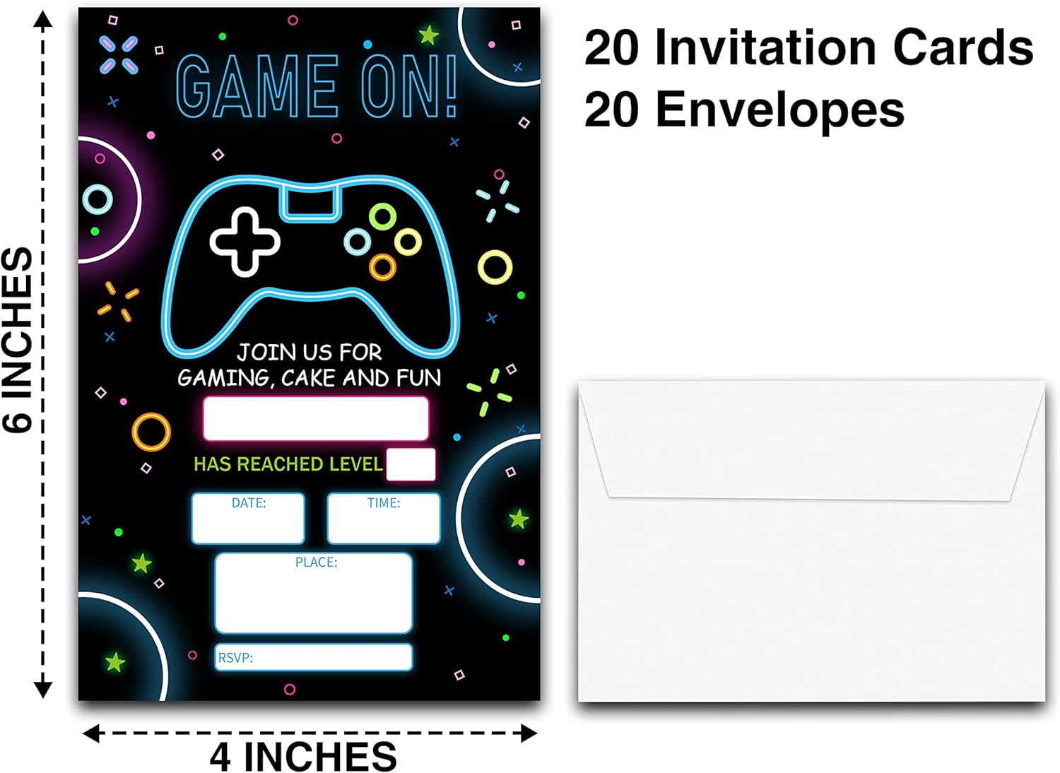 DETIHO 4x6 Video Game Birthday Invitations - 20 Sets - Game On