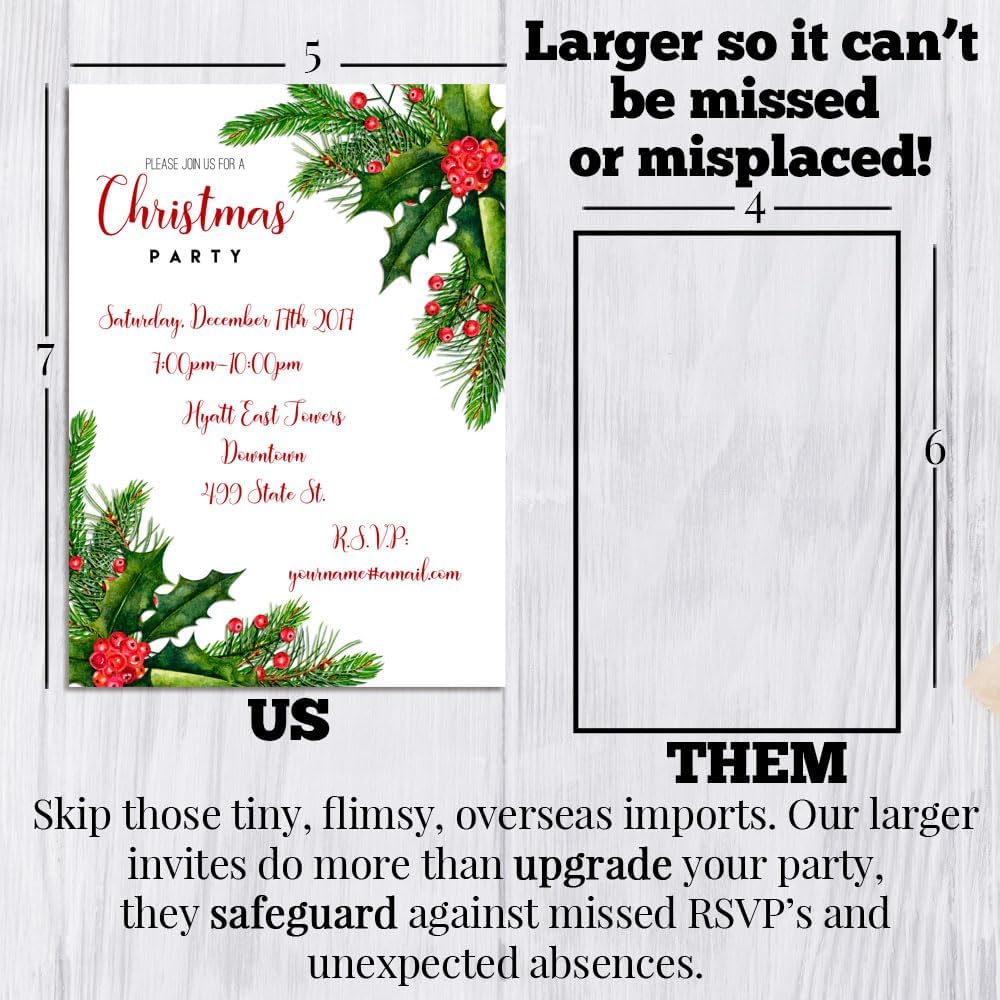 Personalized Christmas Holly Berries Party Invites 20 Pack with Envelopes