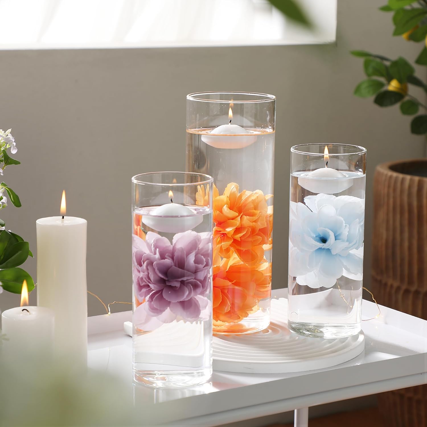 24 Pcs Floating Candles and Artificial Flowers for Centerpieces