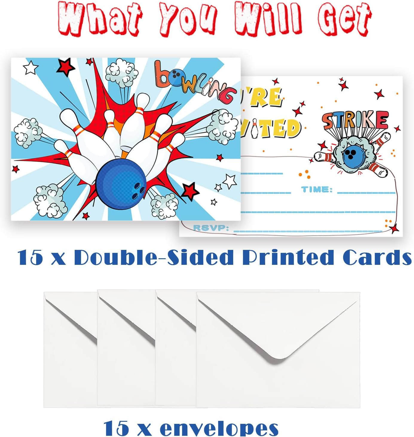 15 Pack Bowling Birthday Invitations with Envelopes