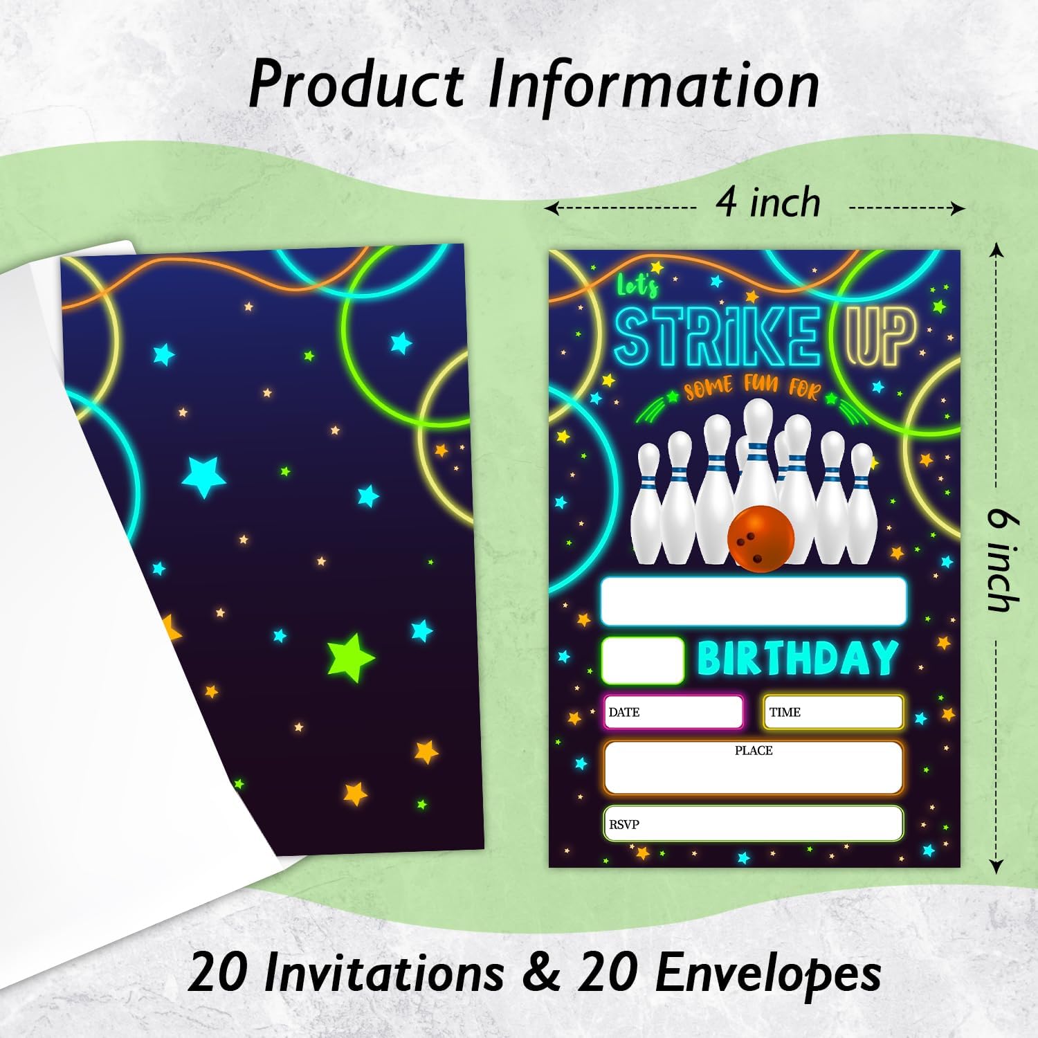 Neon Glow Birthday Invites for Kids Set of 20 with Envelopes