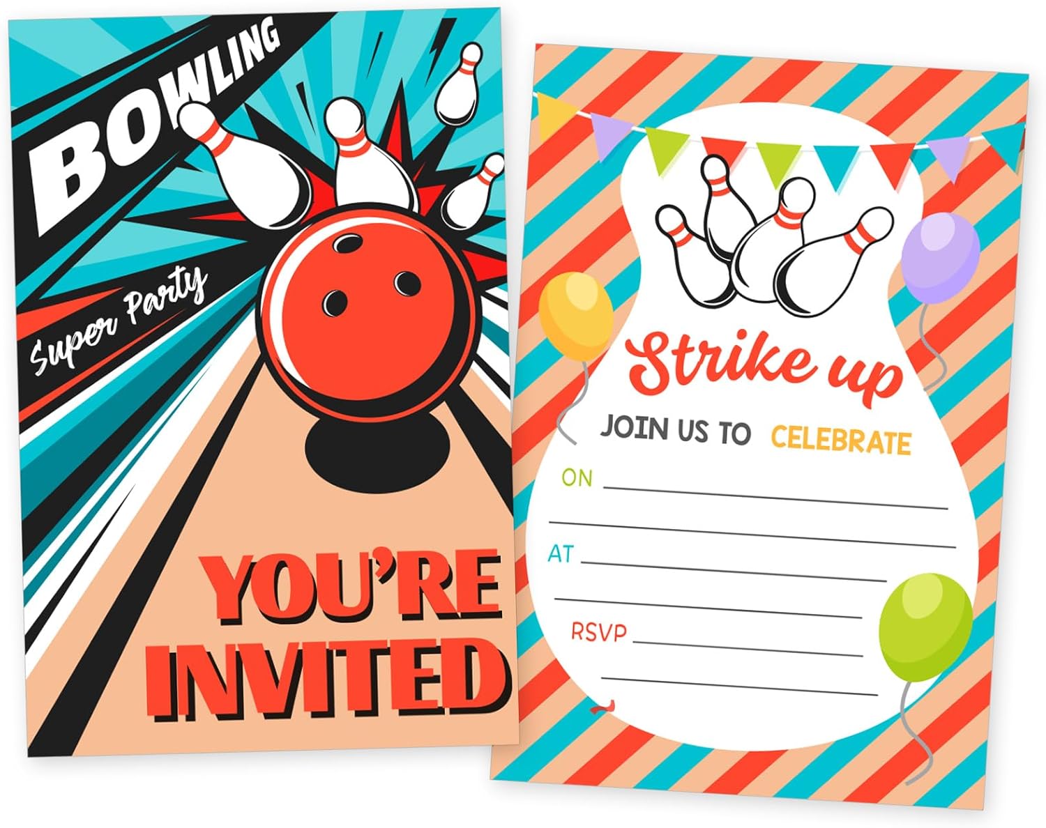 Bowling Party Birthday Invitations Set 30 Cards Double Sided