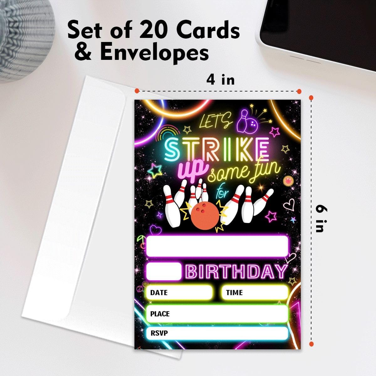 Strike Bowling Neon Birthday Party Invitation with Envelopes 4x6 Inch