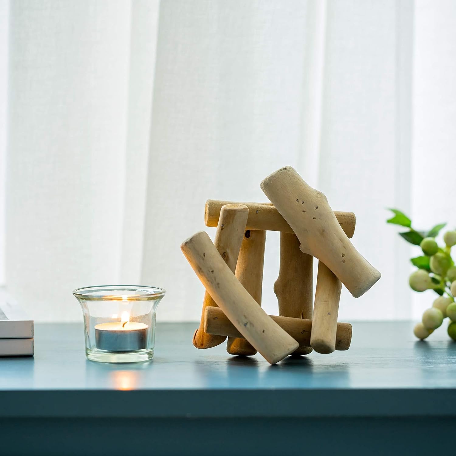 Sziqiqi Handmade Wooden Tea Light Candle Holder with Glass Cup