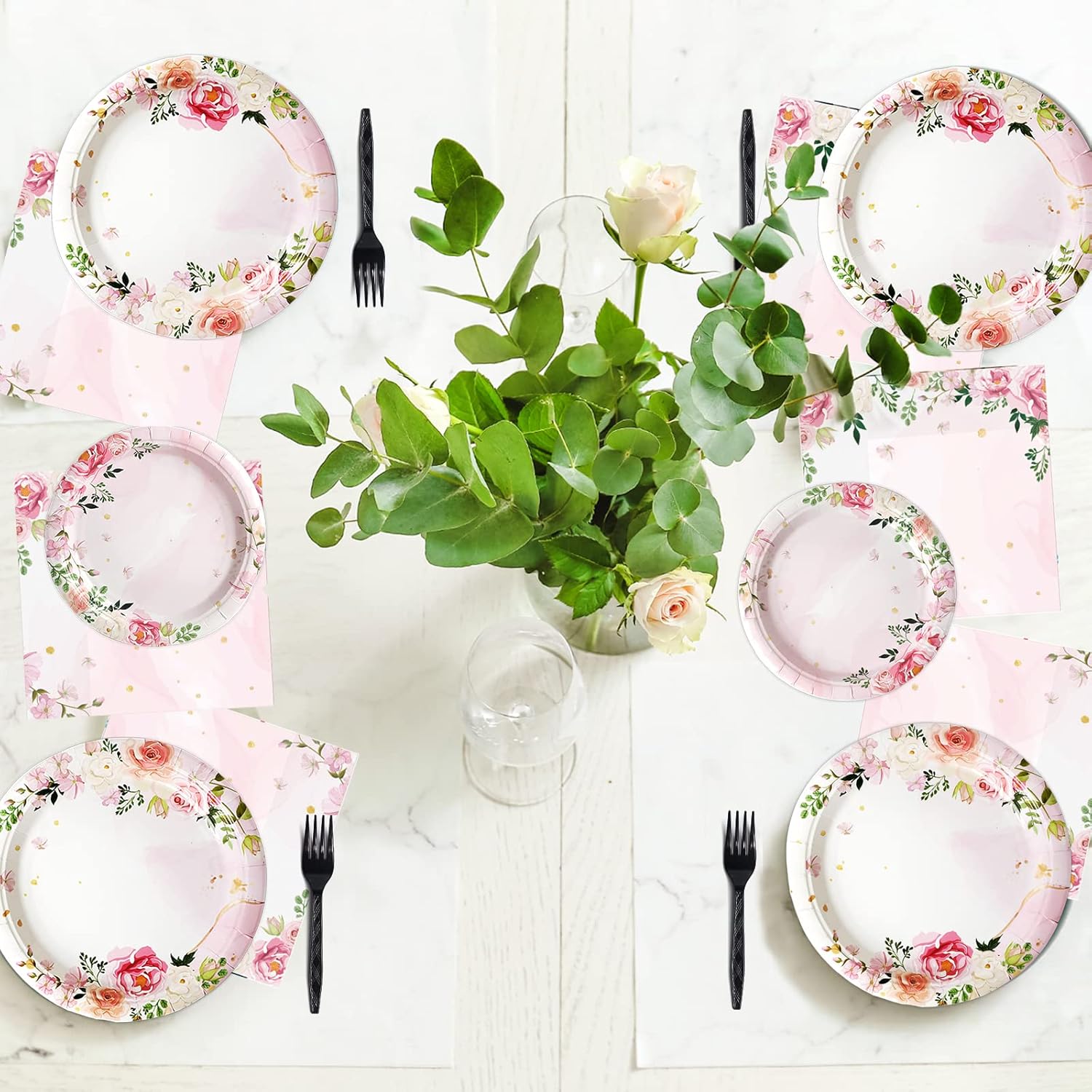 96 Pcs Pink Floral Party Plates Napkins Set for 24 Guests