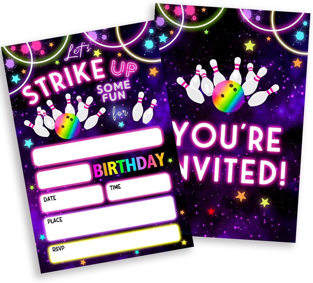 Neon Glow Bowling Party Invitations Set of 20