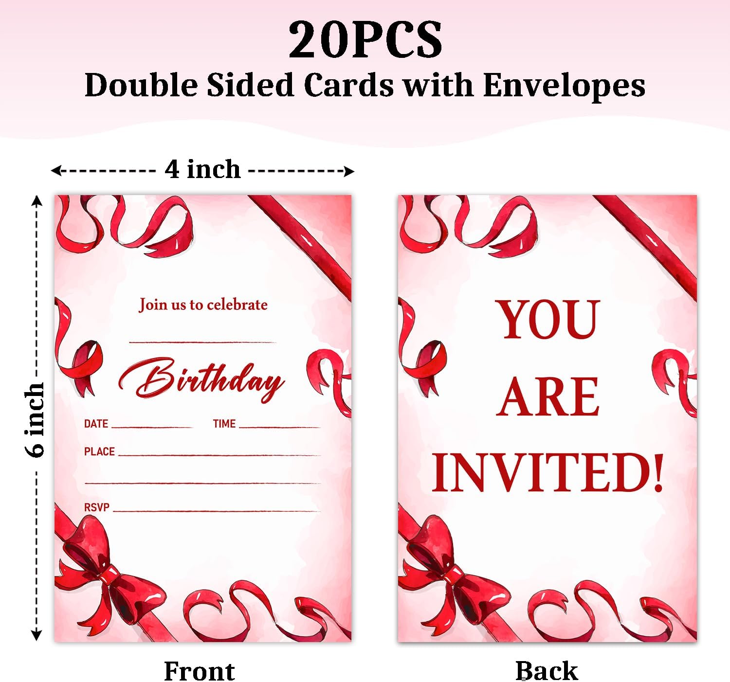 Red Bow Birthday Party Invitation Cards with Envelopes 20 Pcs