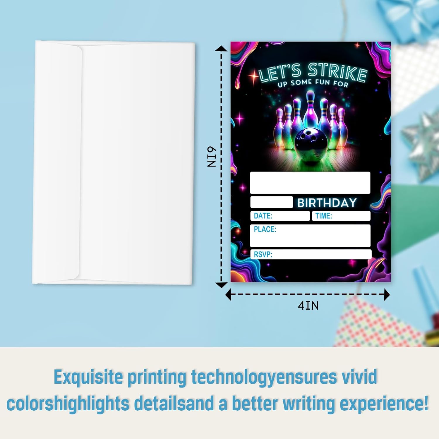 Neon Strike Bowling Birthday Invites - 25 Pcs Double Sided