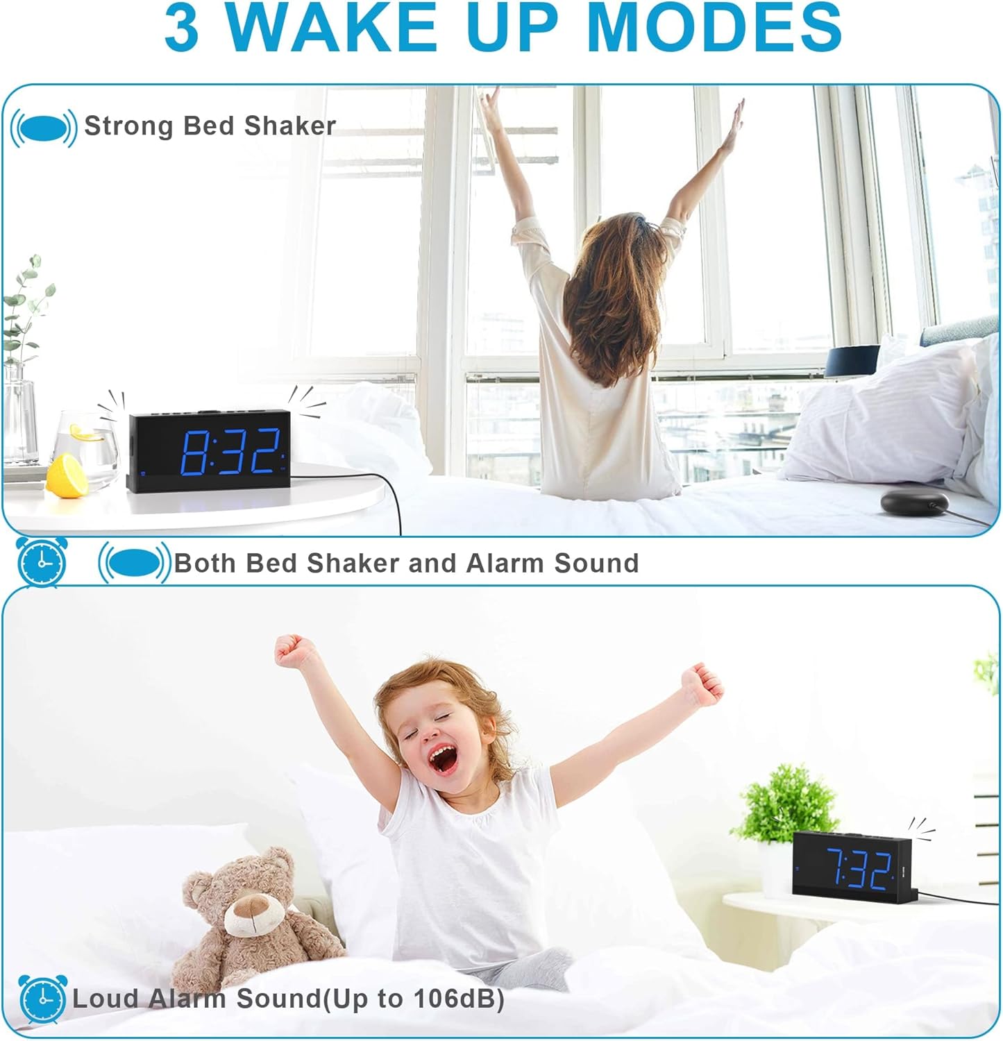 Extra Loud Dual Alarm Clock with Vibration for Deep Sleepers