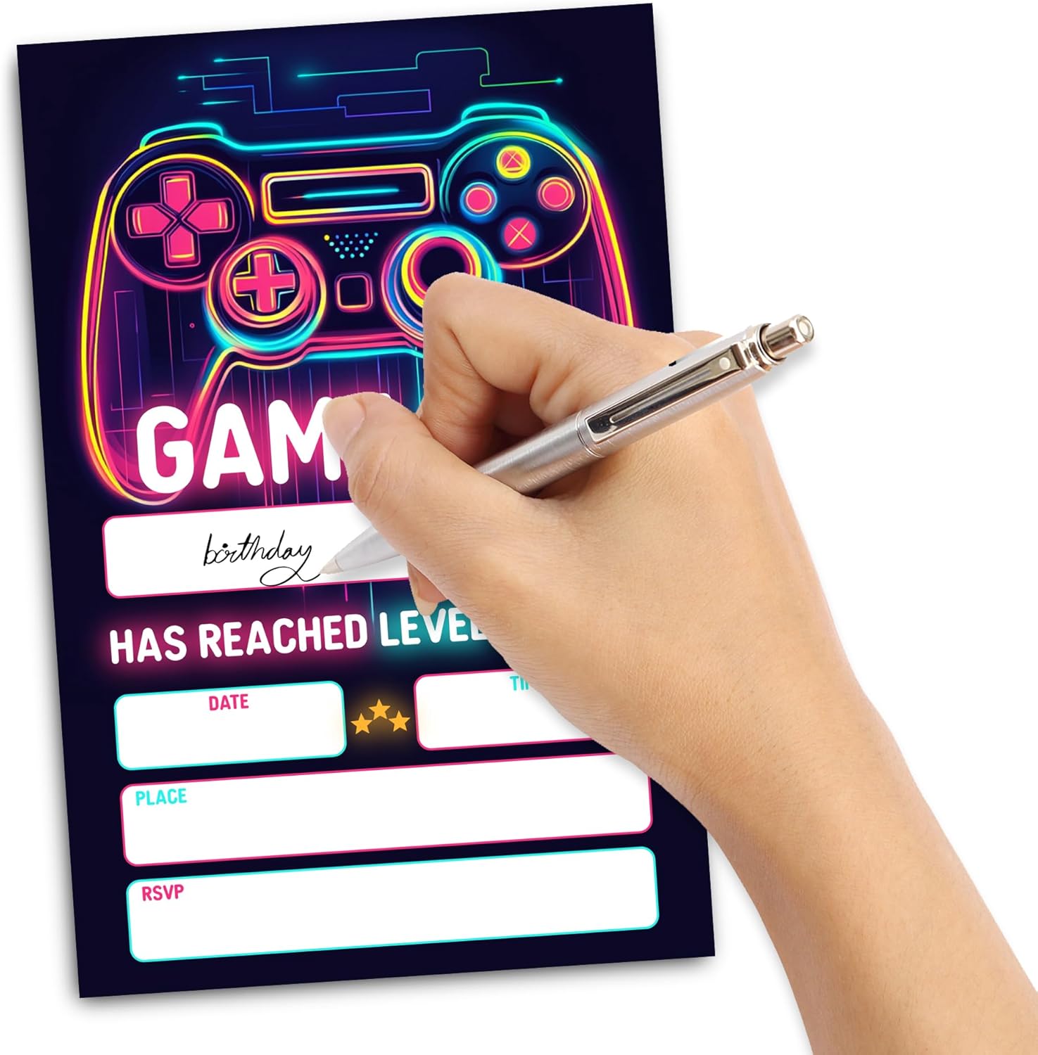 Neon Video Game Birthday Party Invitation Cards Double-Sided 30-Pack with Envelopes