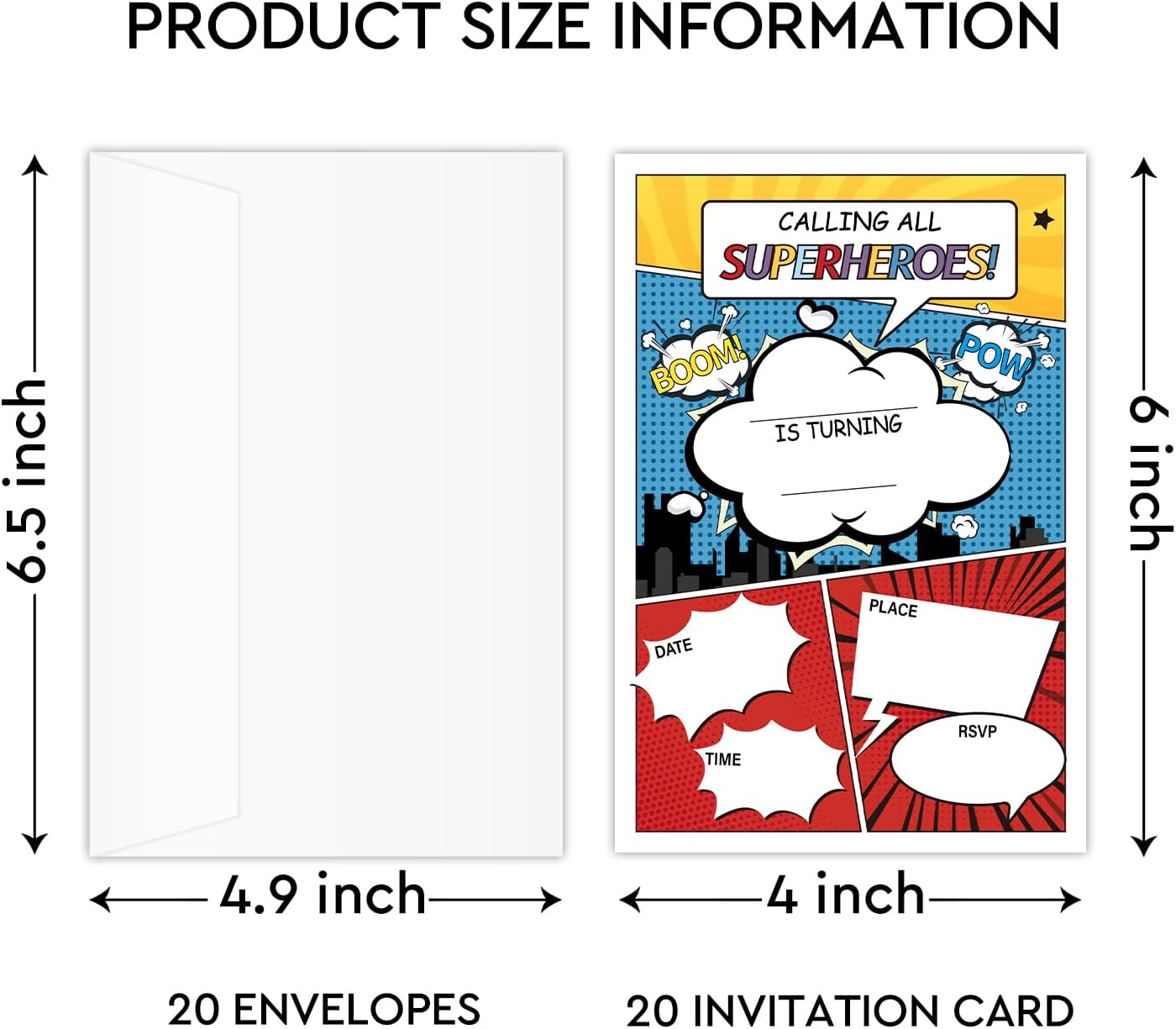 Comic Superhero Birthday Invitations with Envelopes