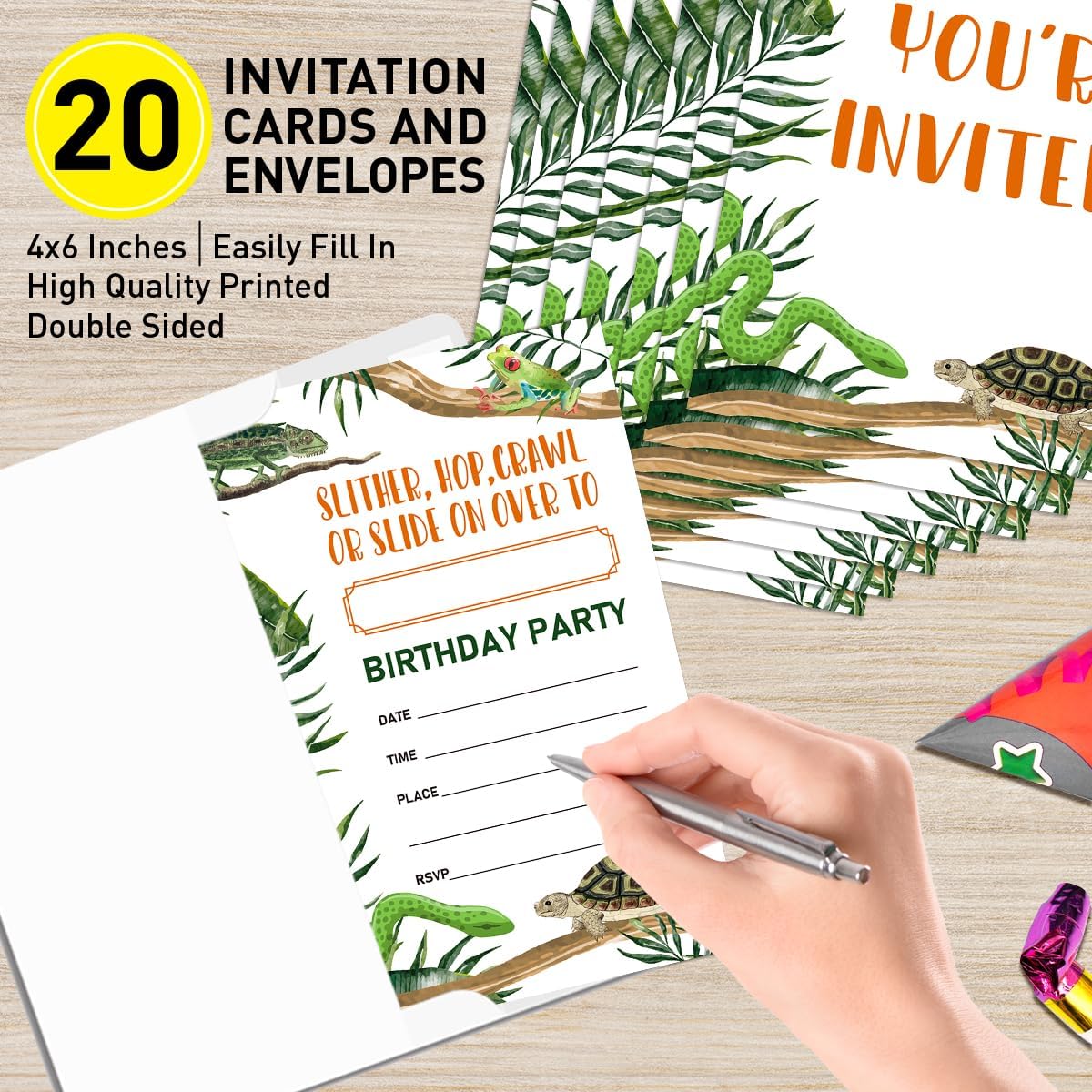 Reptile Birthday Invitations for Boy with Envelopes Set of 20