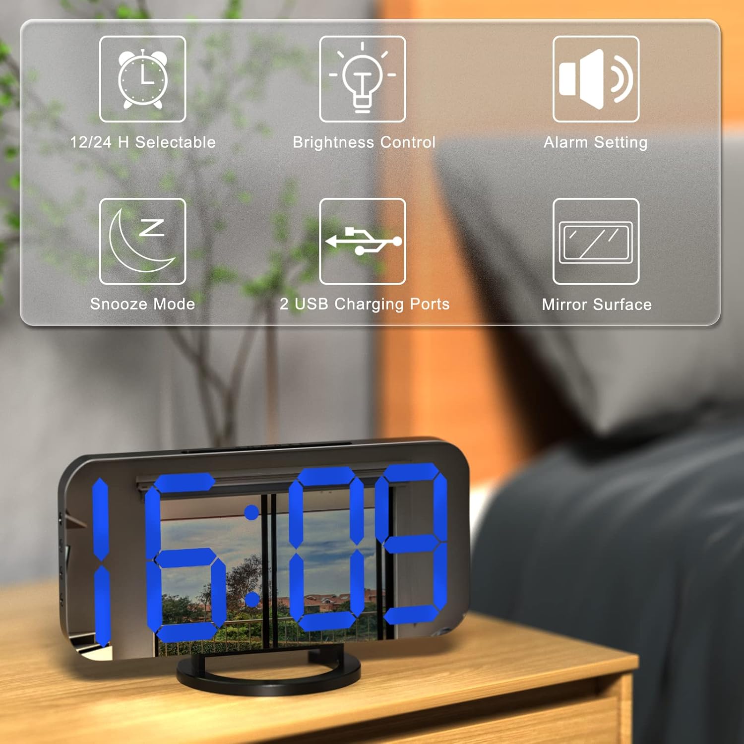 WulaWindy Digital Alarm Clock with USB Charger and Large Mirror