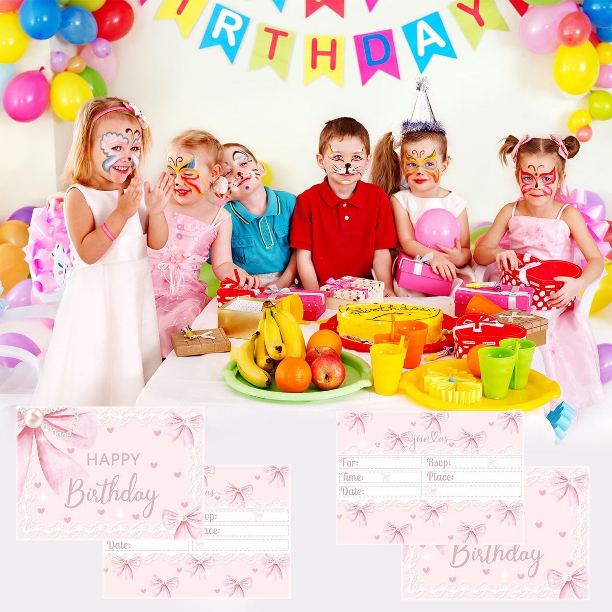 24 Pcs Pink Bow Birthday Invitation Cards