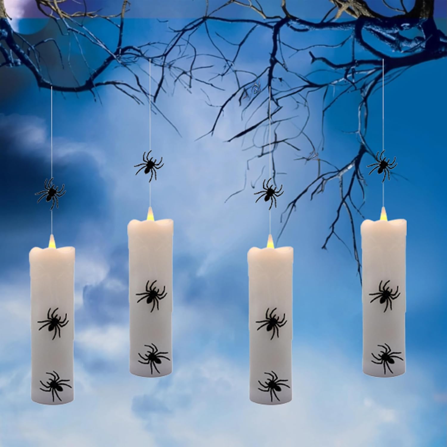 Lumabase Battery Operated Hanging Pillar Candles with Spiders Set of 4