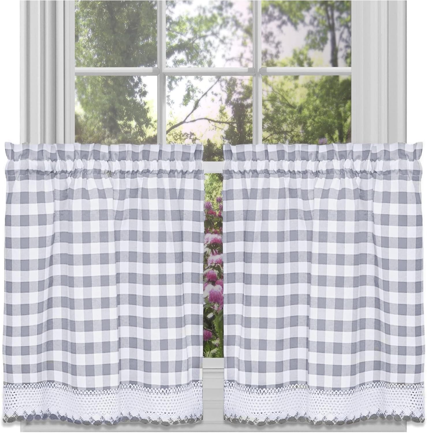 Buffalo Check Tier Curtains Set - Grey White Plaid