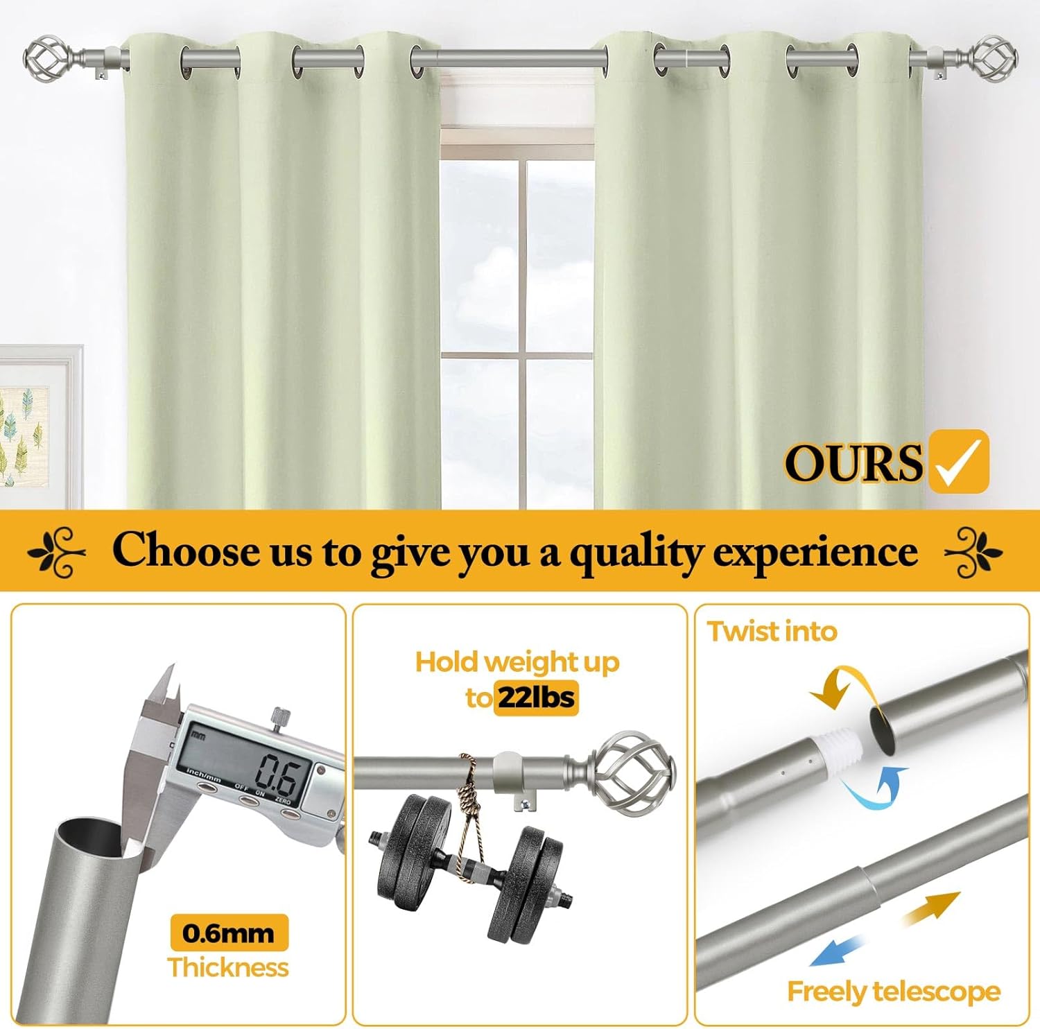 USFOOK Antique Silver Curtain Rod 32-58 Inches