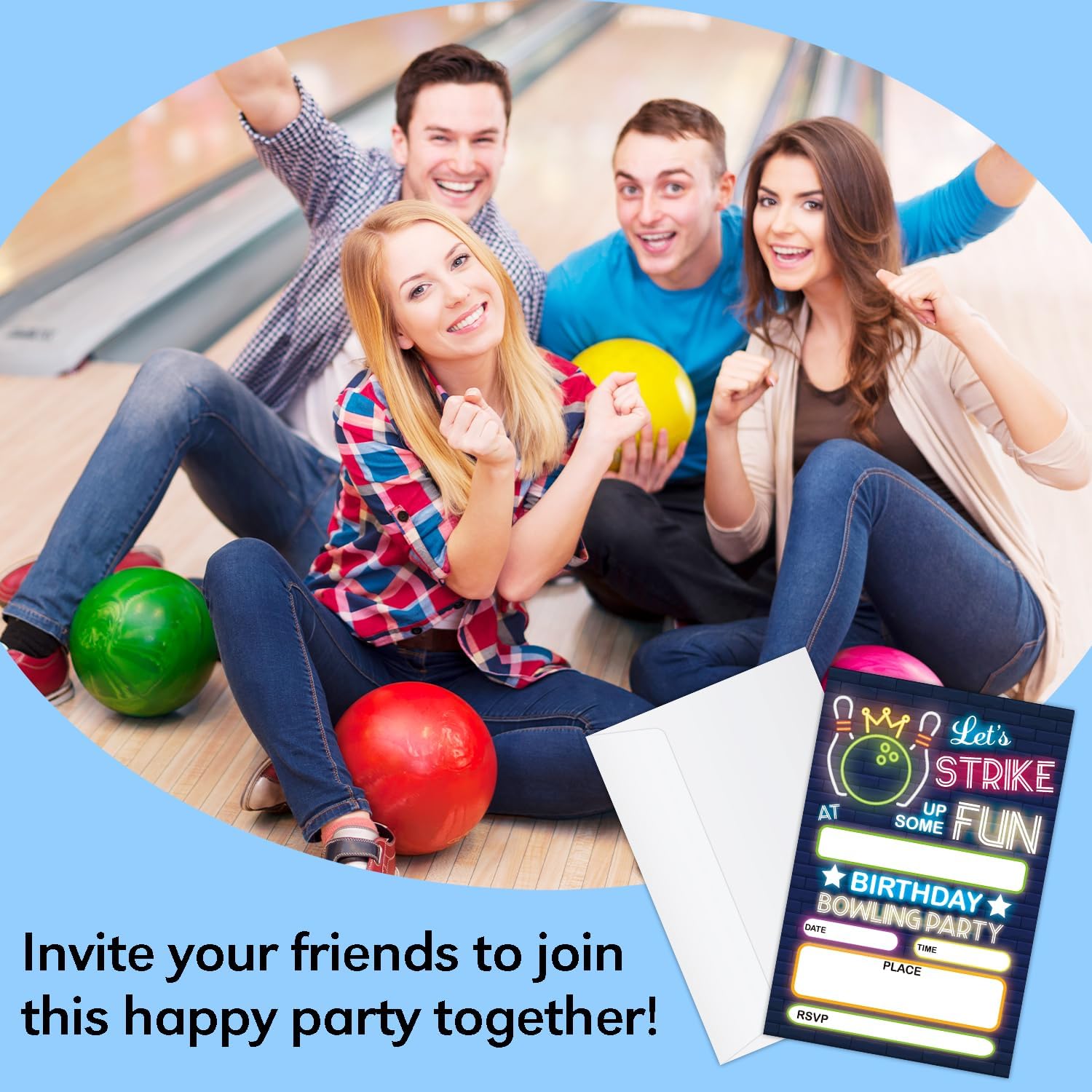 GaNiao Retro Neon Bowling Birthday Invites Set 20 Pcs