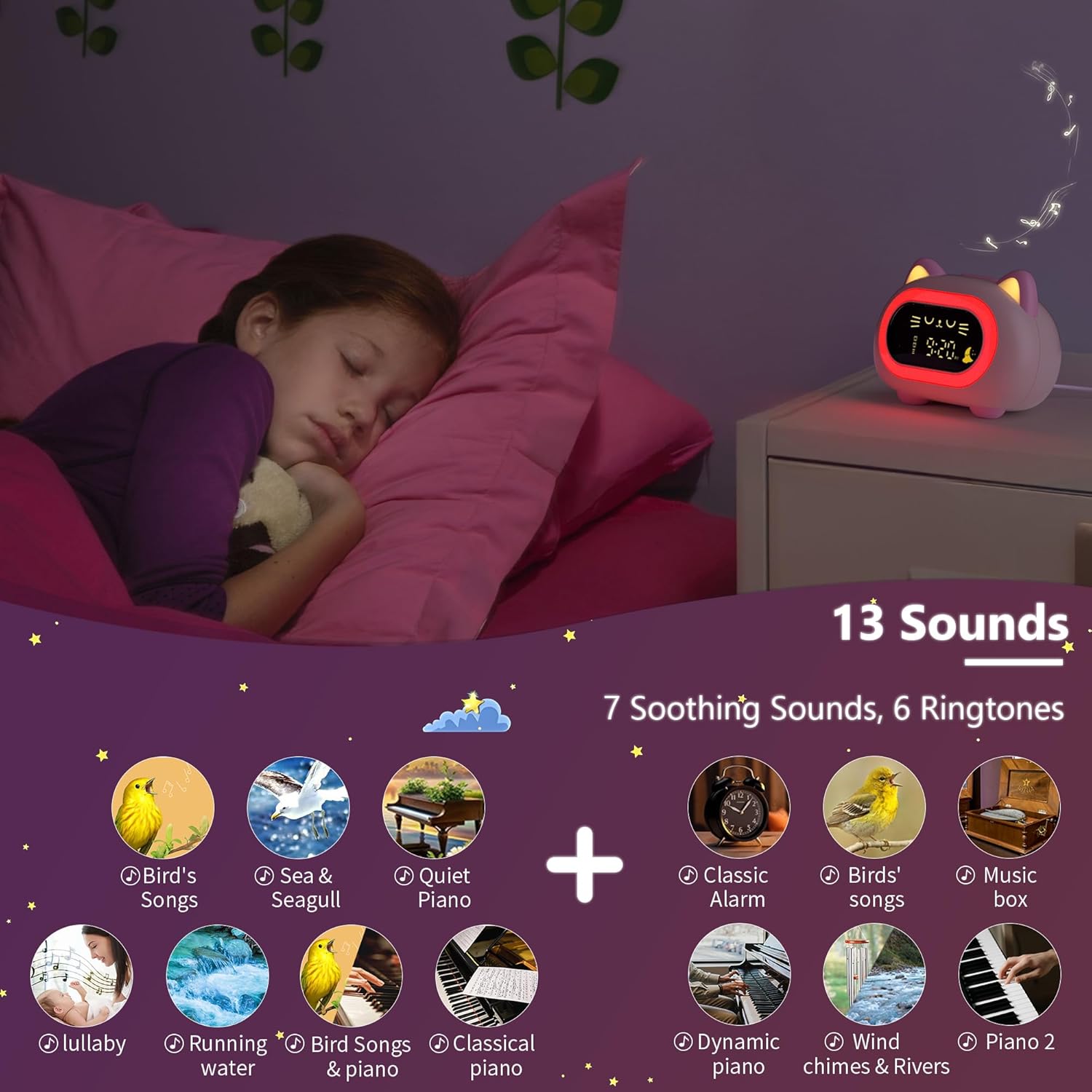 Charming Cat Alarm Clock for Kids with Dual Alarm and Night Light