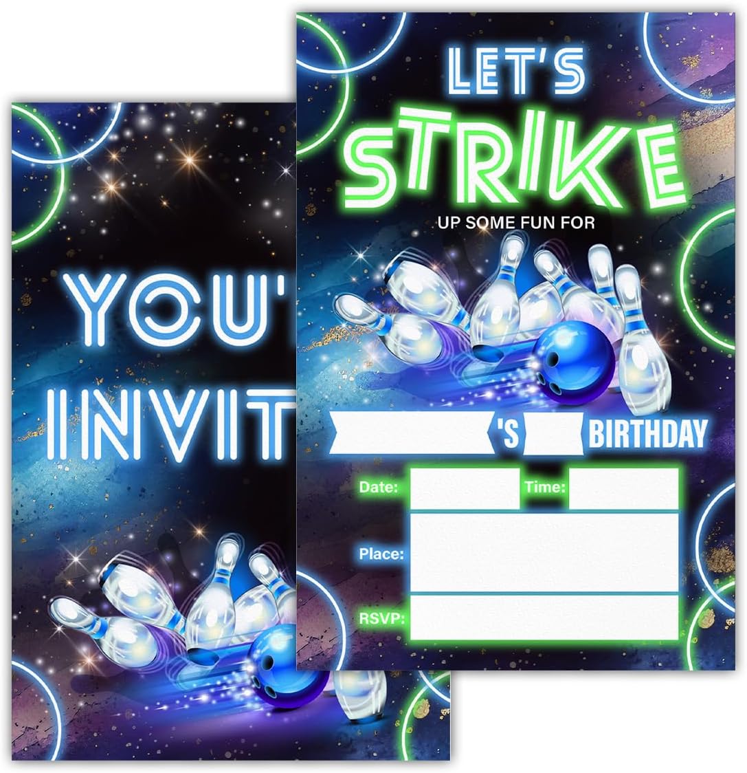 Neon Glow Bowling Birthday Invitations with Envelopes 20 Count Double Sided