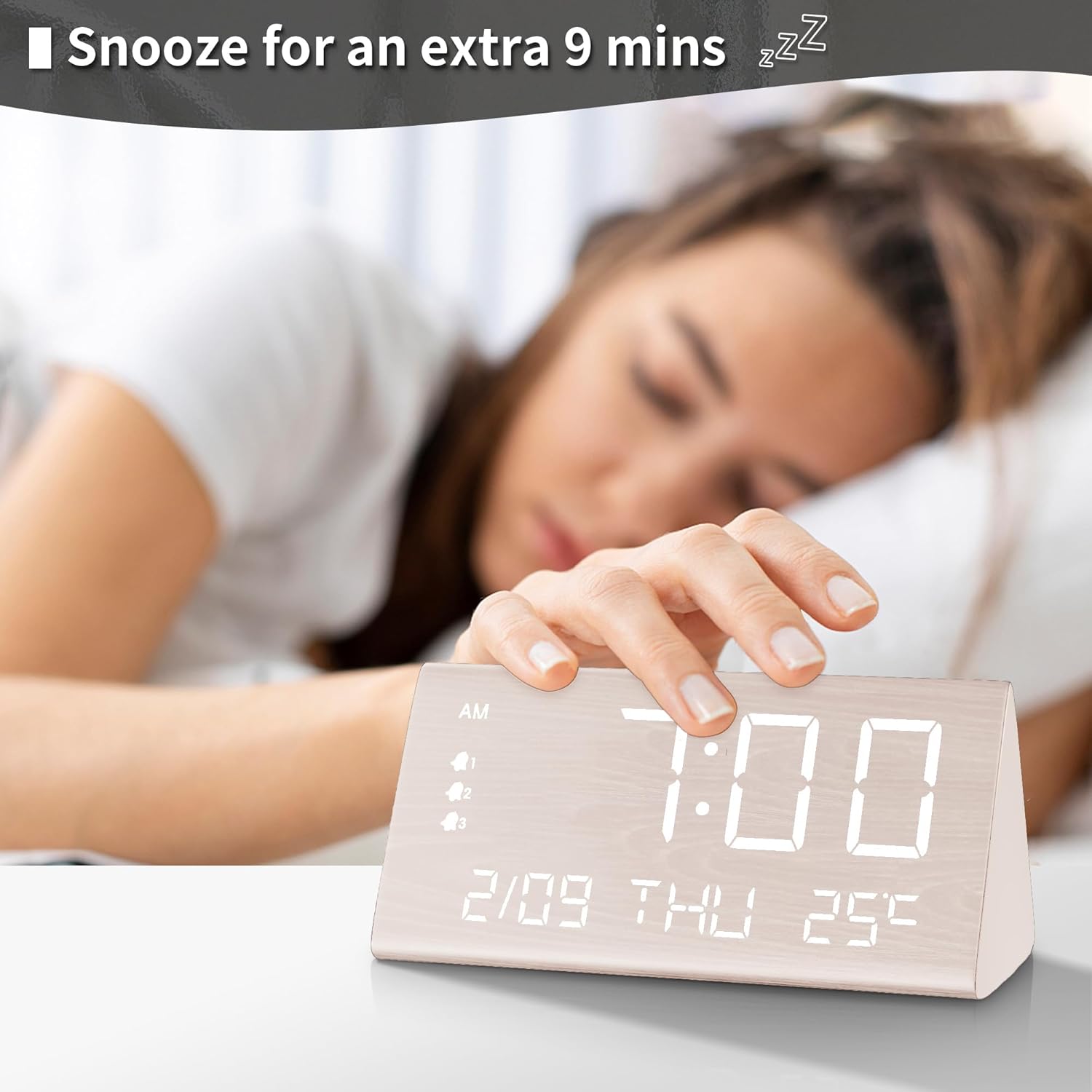 JALL Digital Alarm Clock with Wooden Design