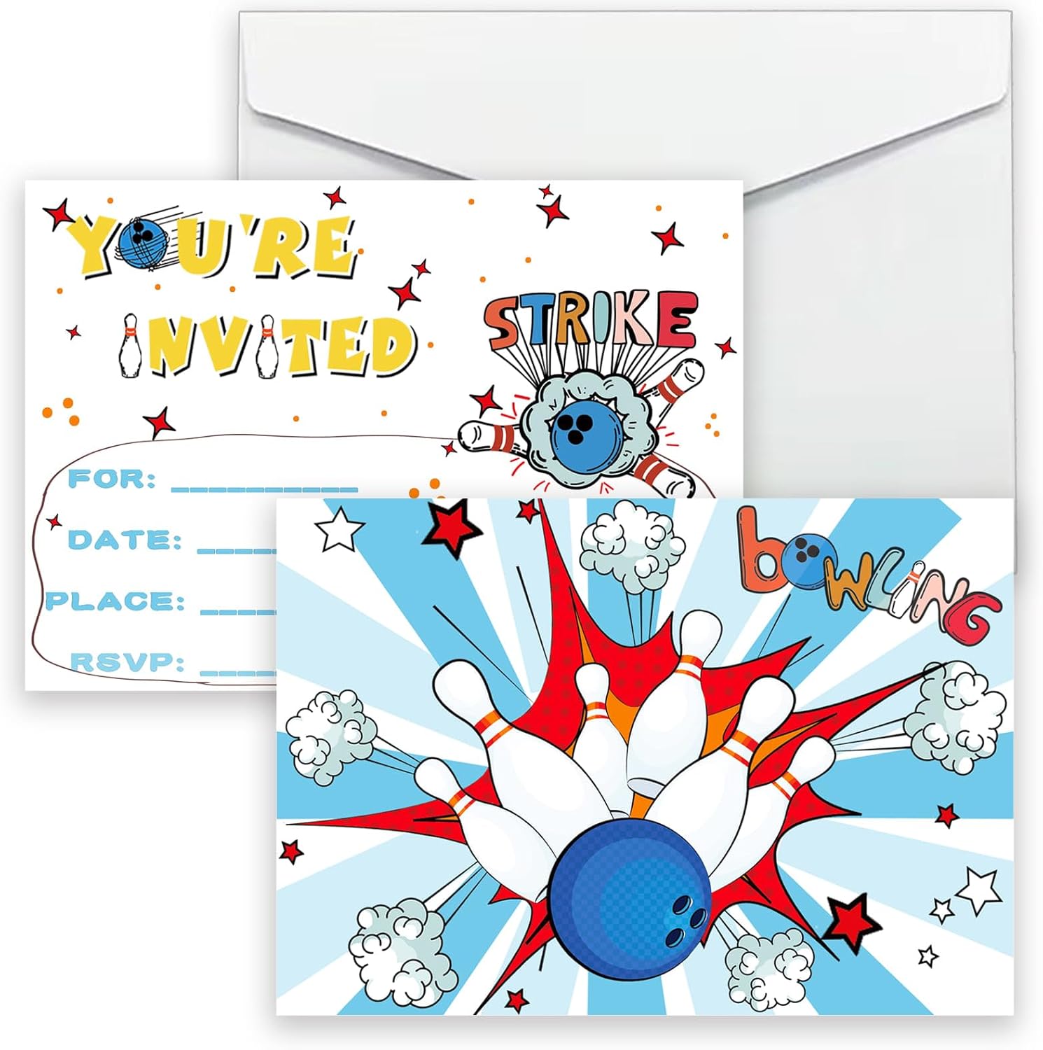 15 Pack Bowling Birthday Invitations with Envelopes