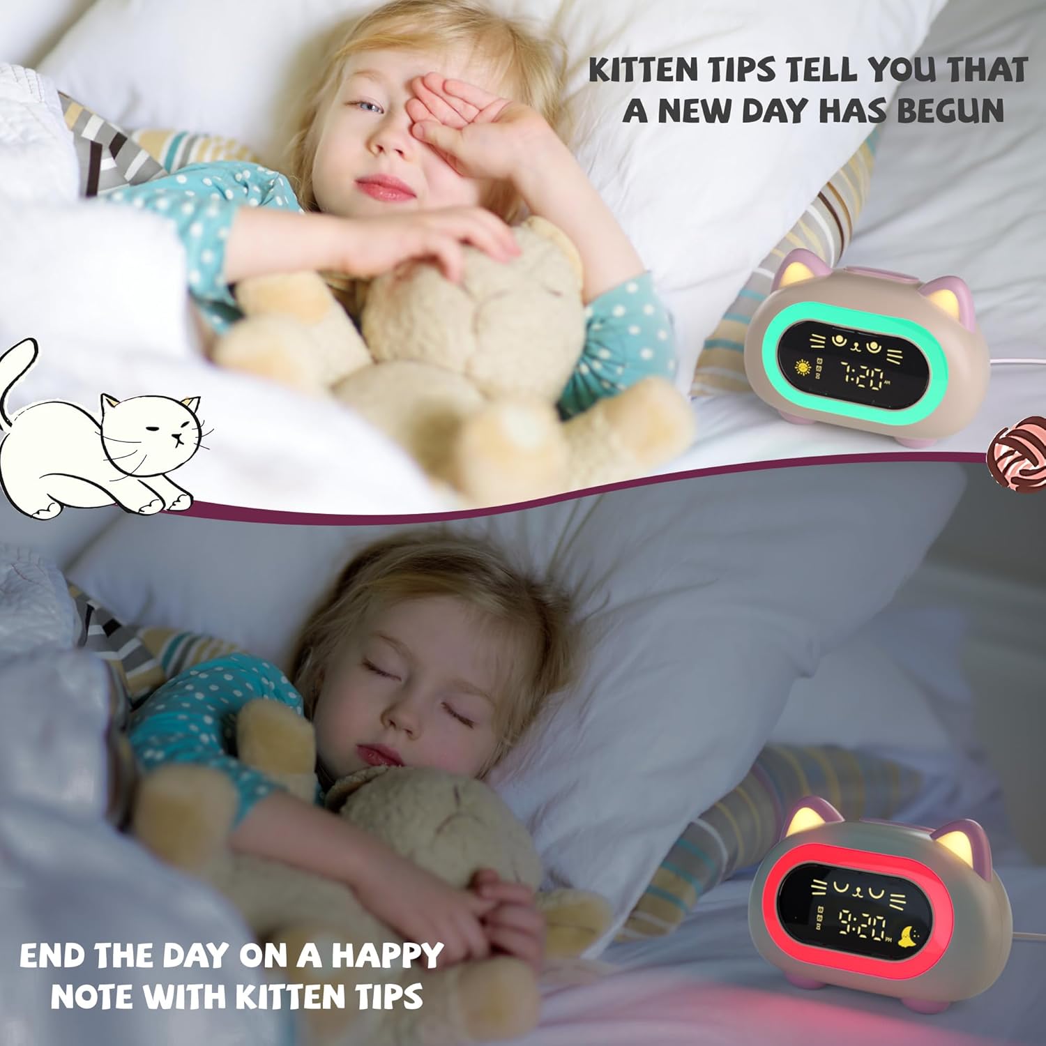 Charming Cat Alarm Clock for Kids with Dual Alarm and Night Light