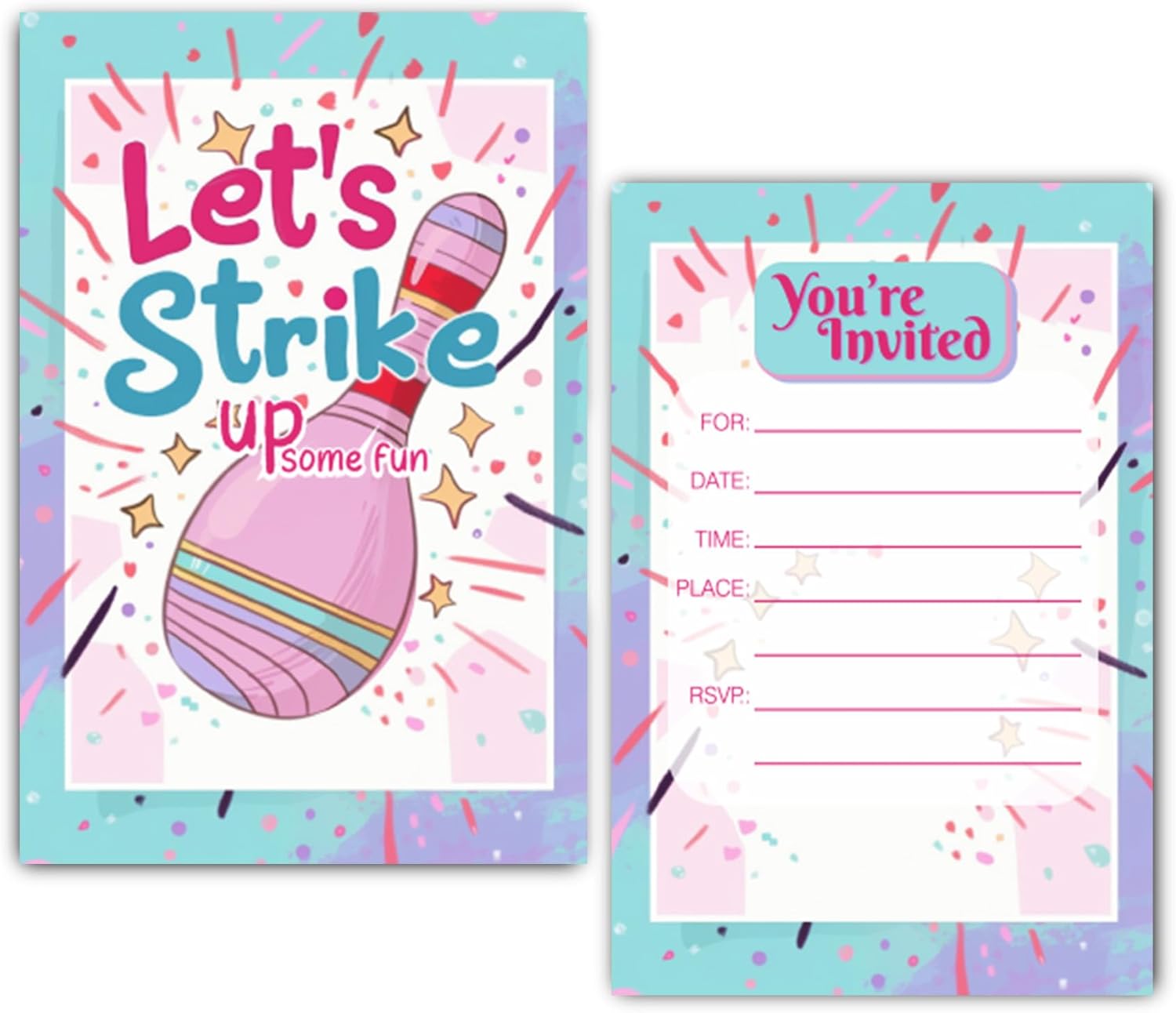 Pink Bowling Birthday Party Invitation Cards 30 Pack with Envelopes