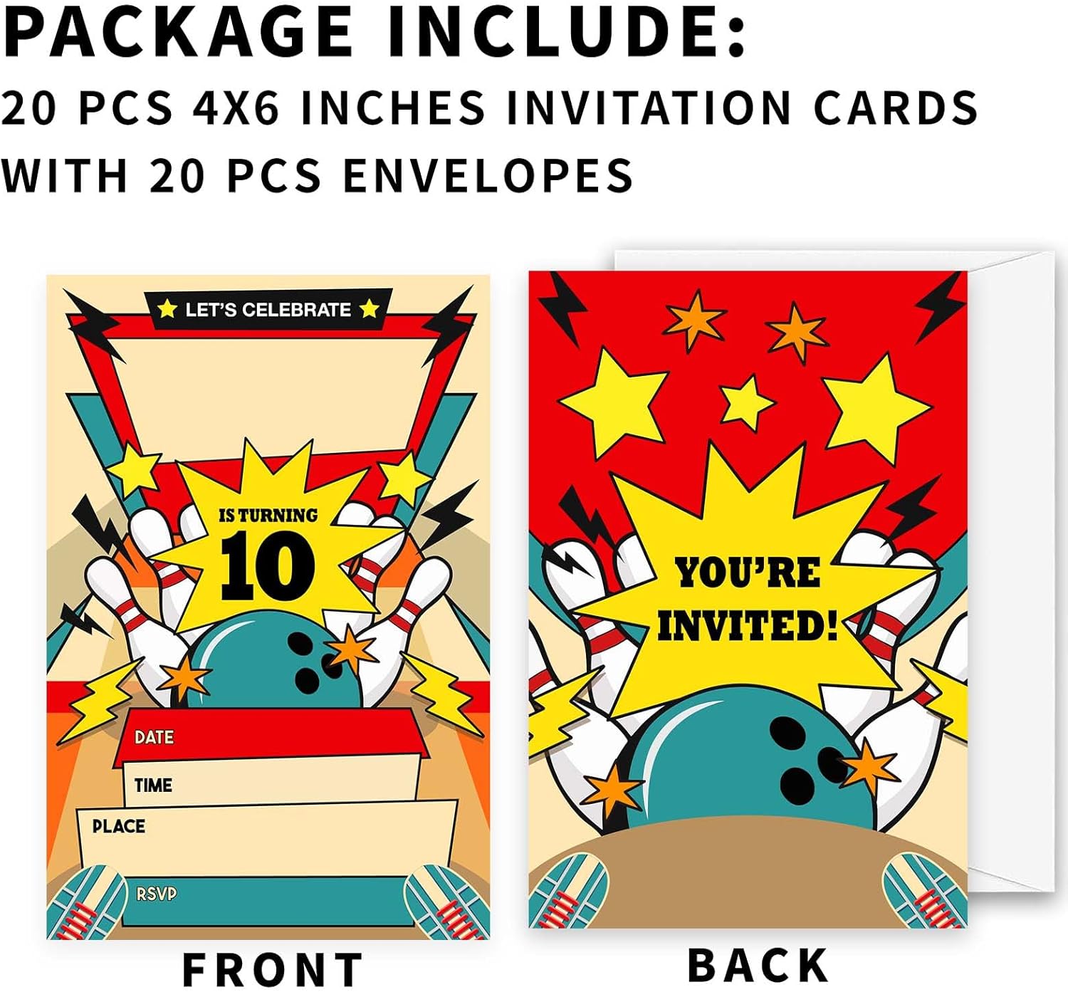 Retro Bowling Birthday Invitations 20pcs with Envelopes