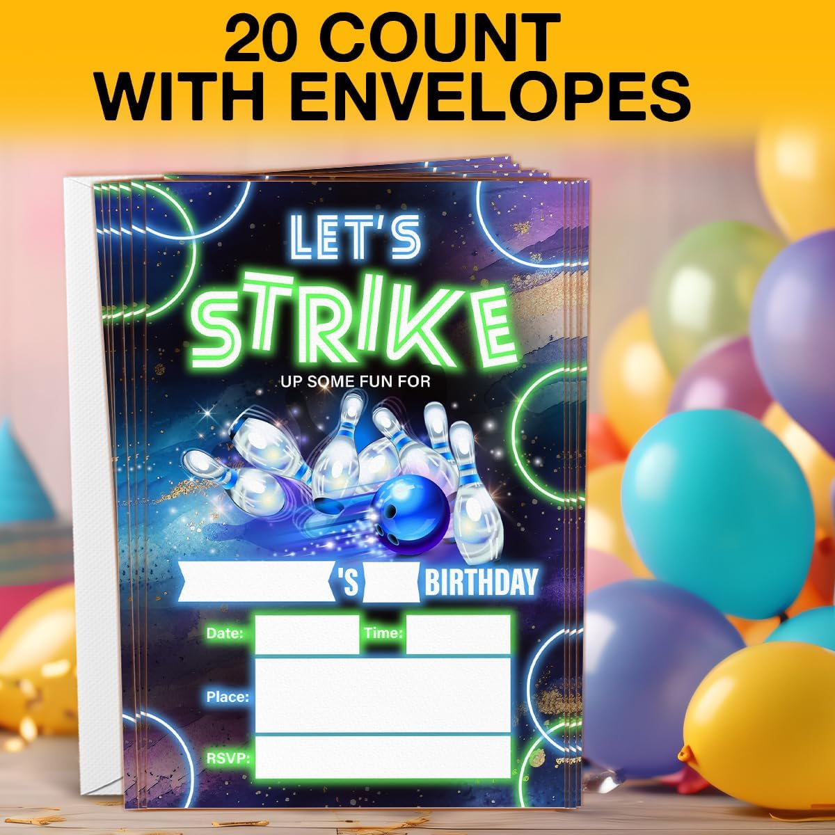 Neon Glow Bowling Birthday Invitations with Envelopes 20 Count Double Sided