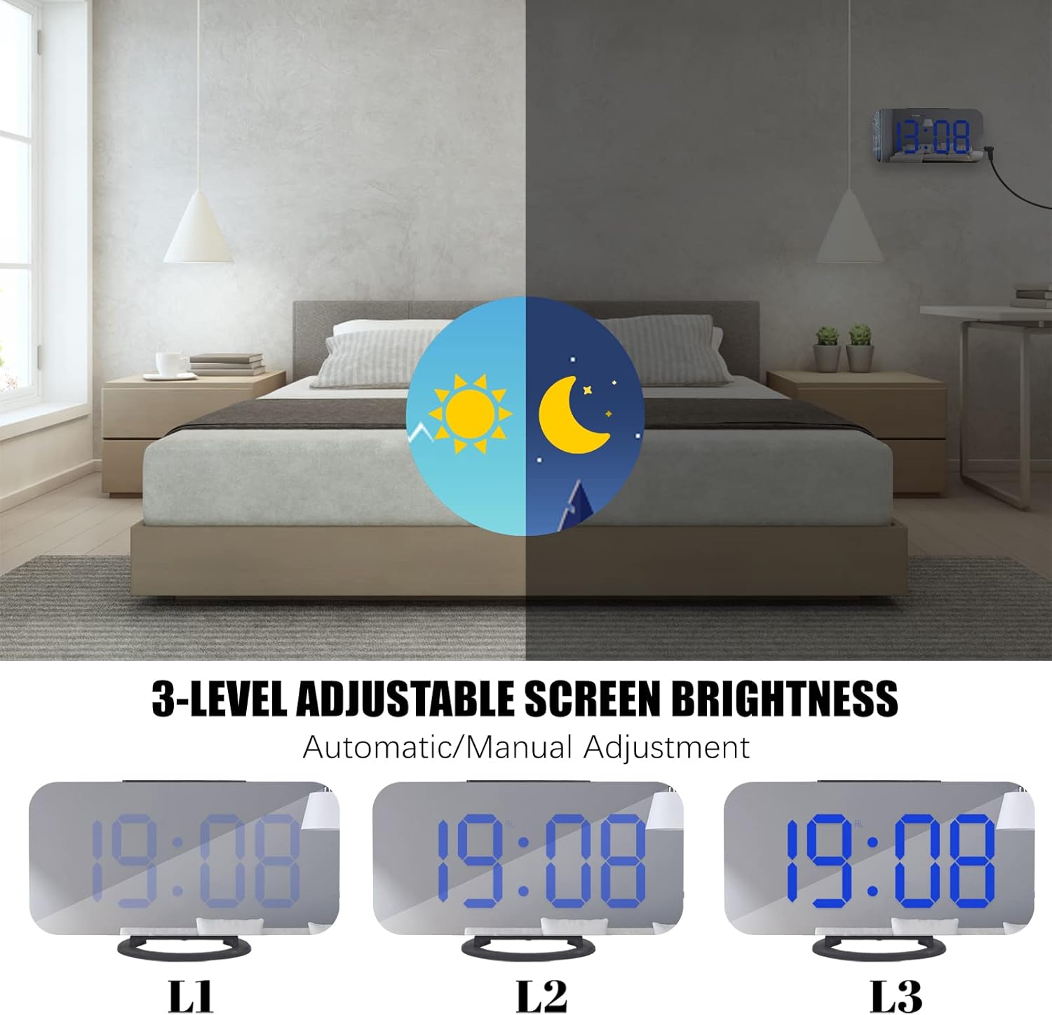 WulaWindy Digital Alarm Clock with USB Charger and Large Mirror