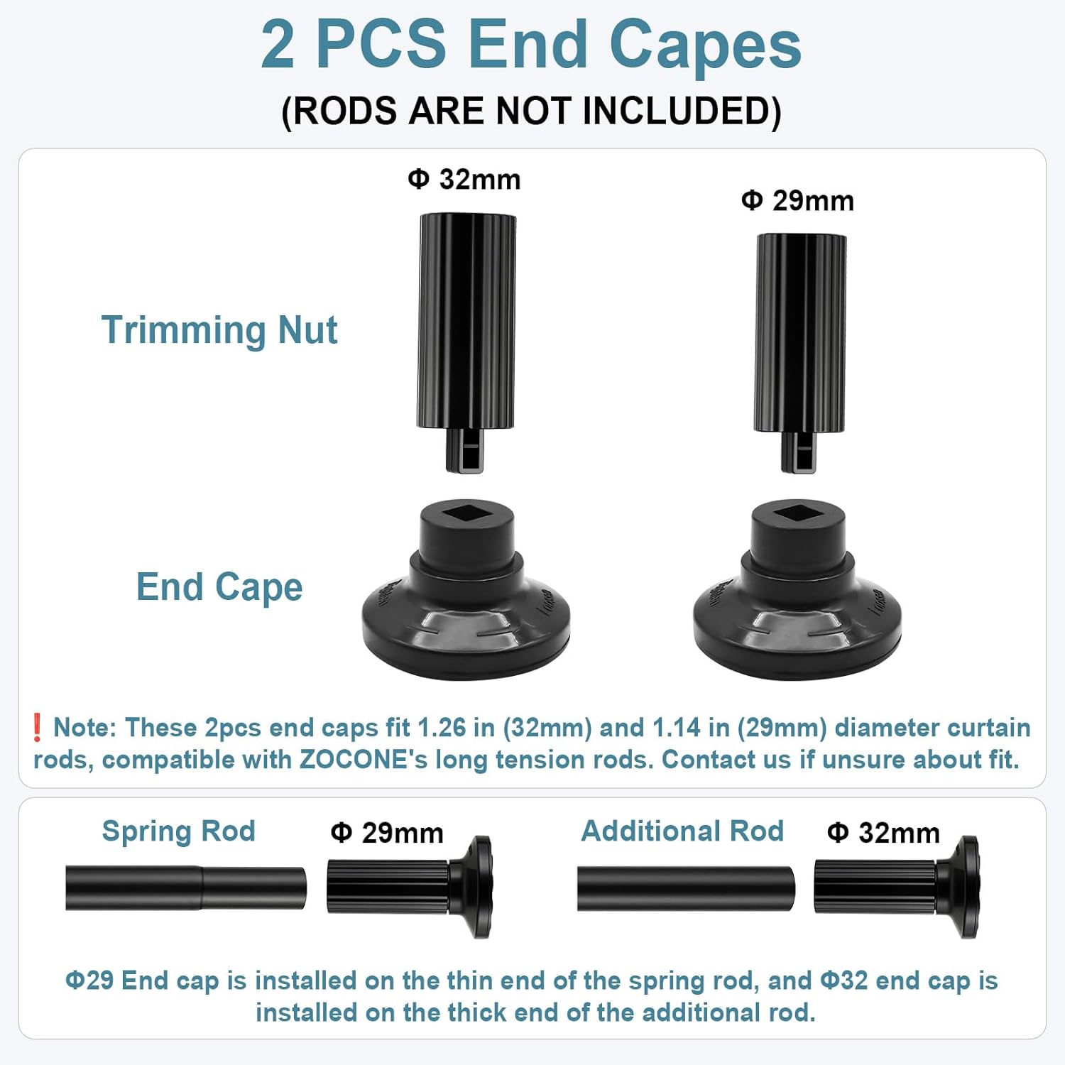 ZOCONE Black End Caps 2PCS for Curtain Rods