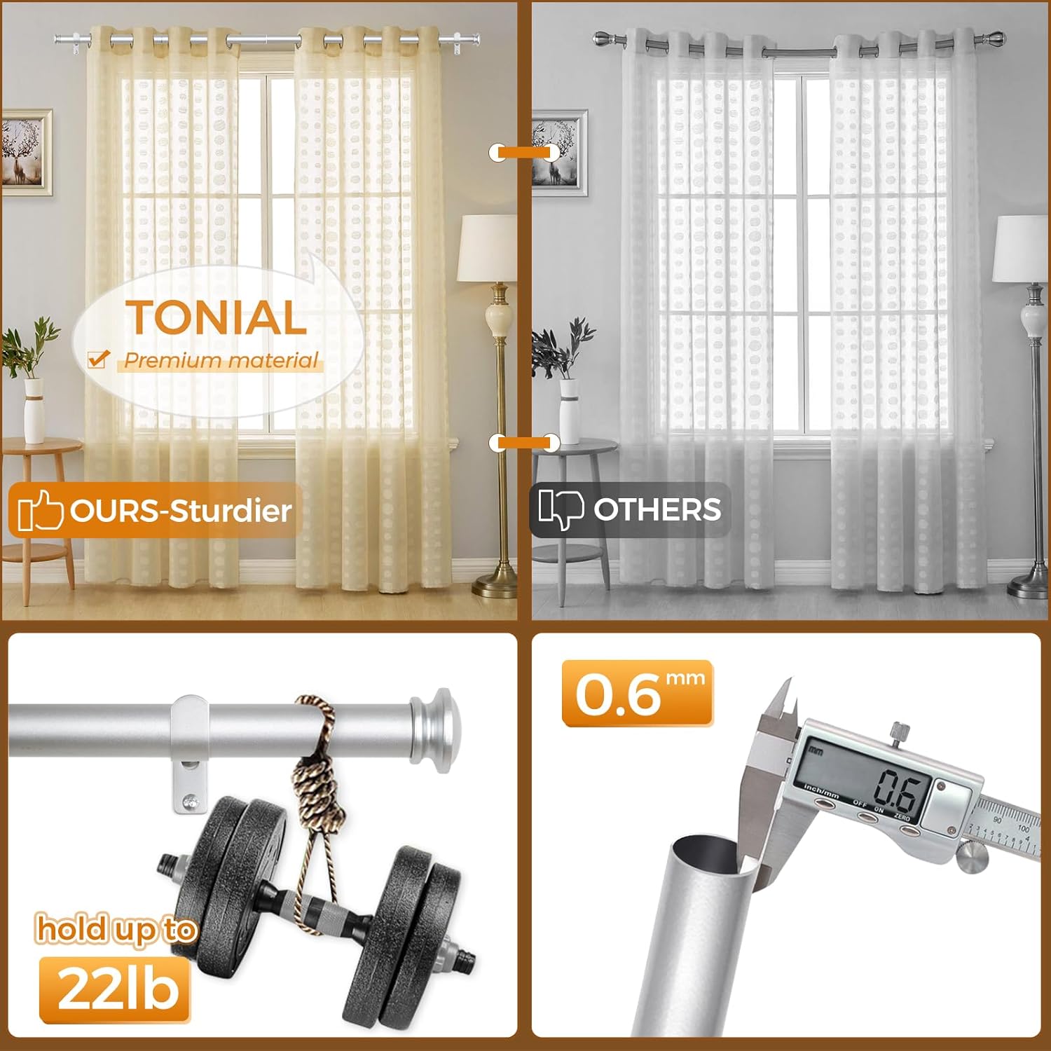 TONIAL Adjustable Single Curtain Rod Silver 32-58 Inch