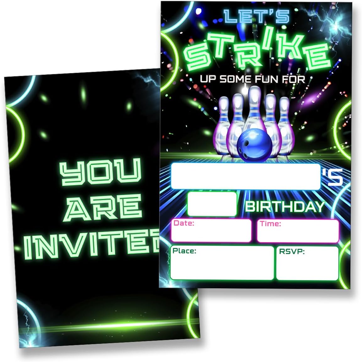 Neon Bowling Party Invites 20 Cards with Envelopes Double Sided