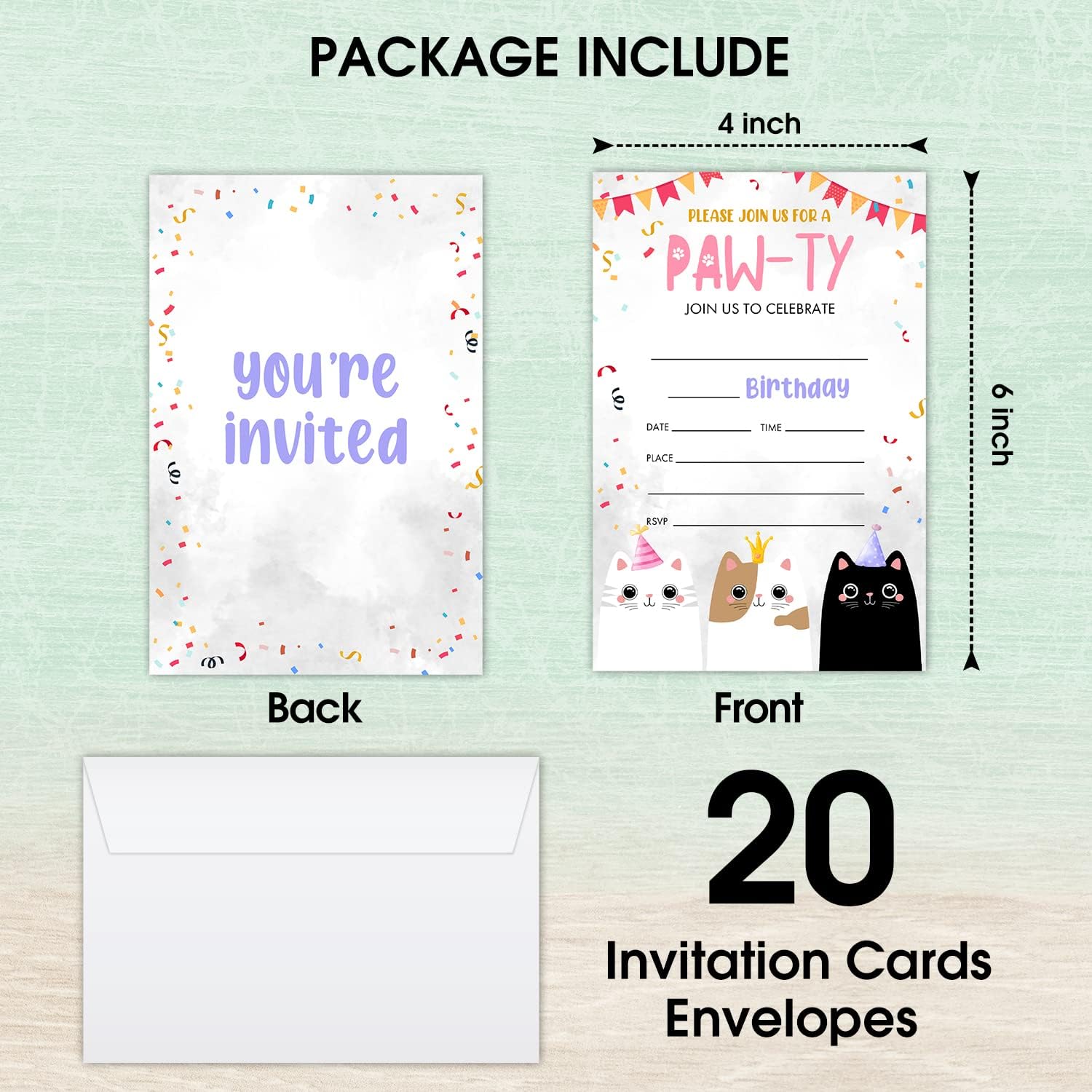 LWBEO Cat Birthday Invitation Cards with Envelopes