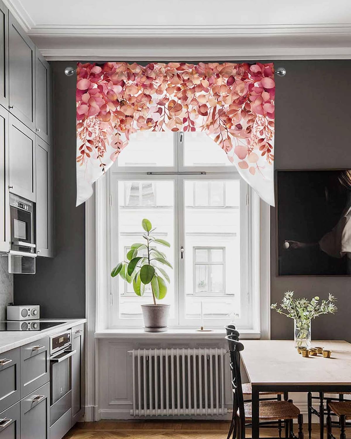 Red Eucalyptus Leaves Swag Valance for Kitchen Window