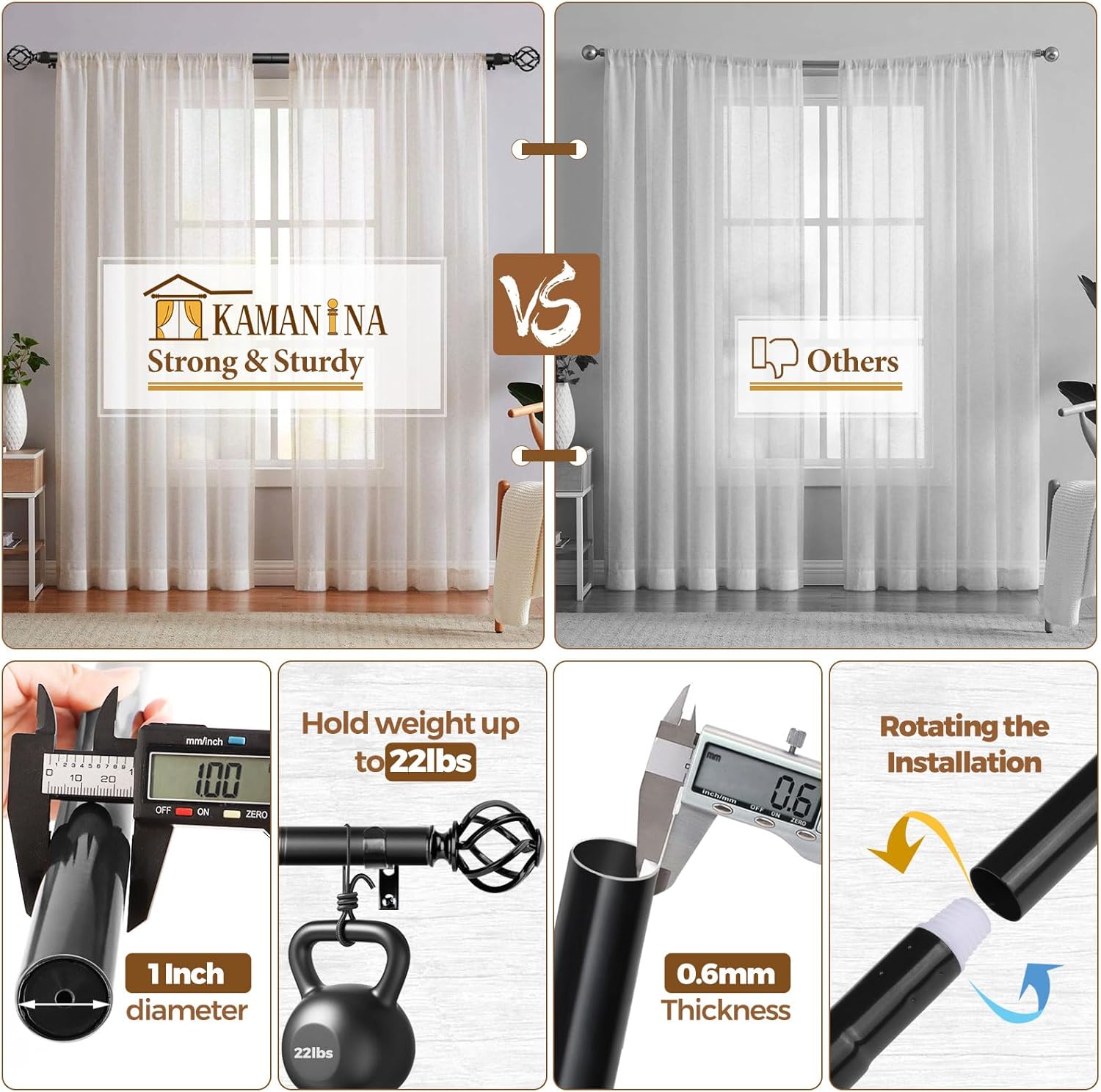 KAMANINA Black Twist Curtain Rods 32-144 Inches