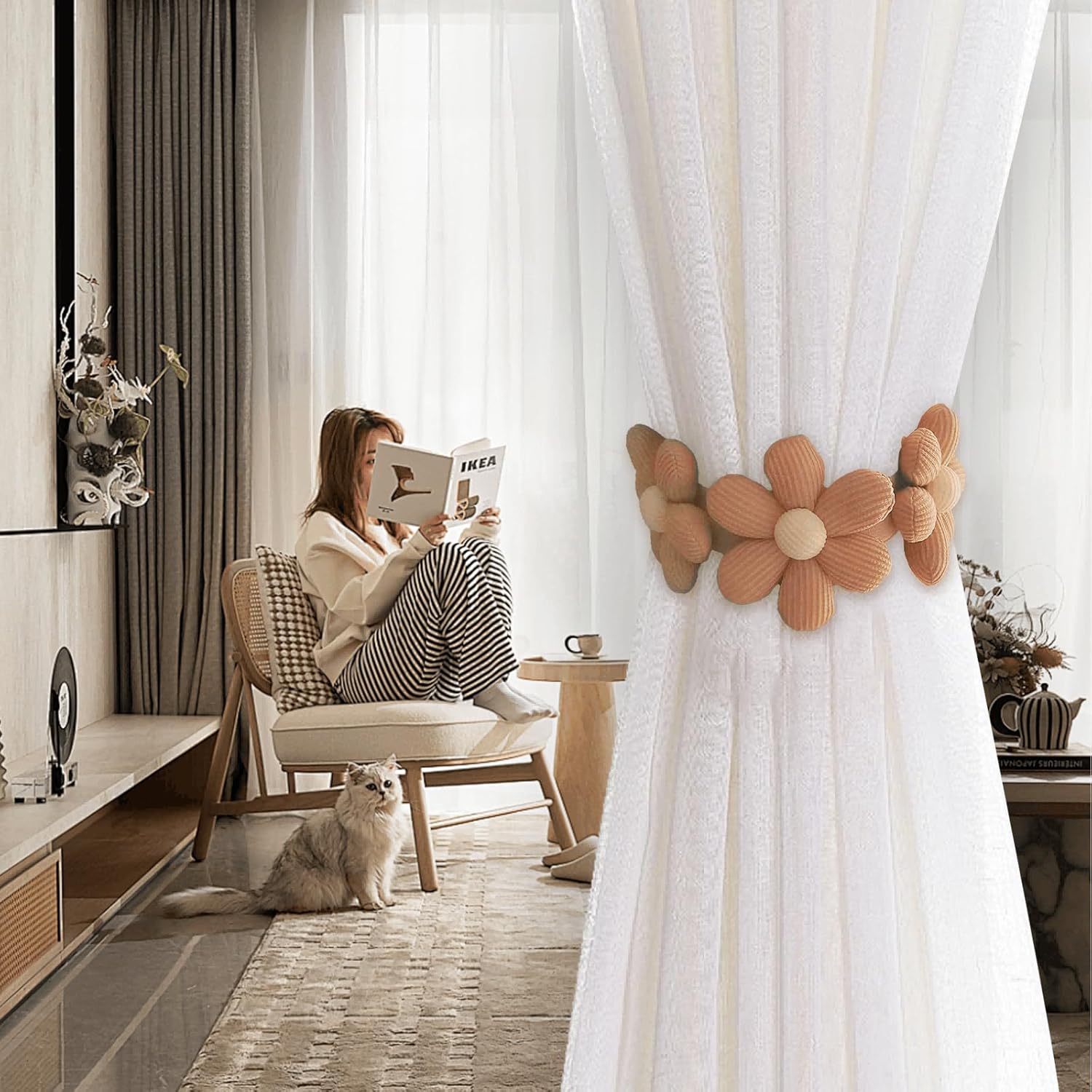 2 Pcs Flower Curtain Tiebacks with Buttons Beige